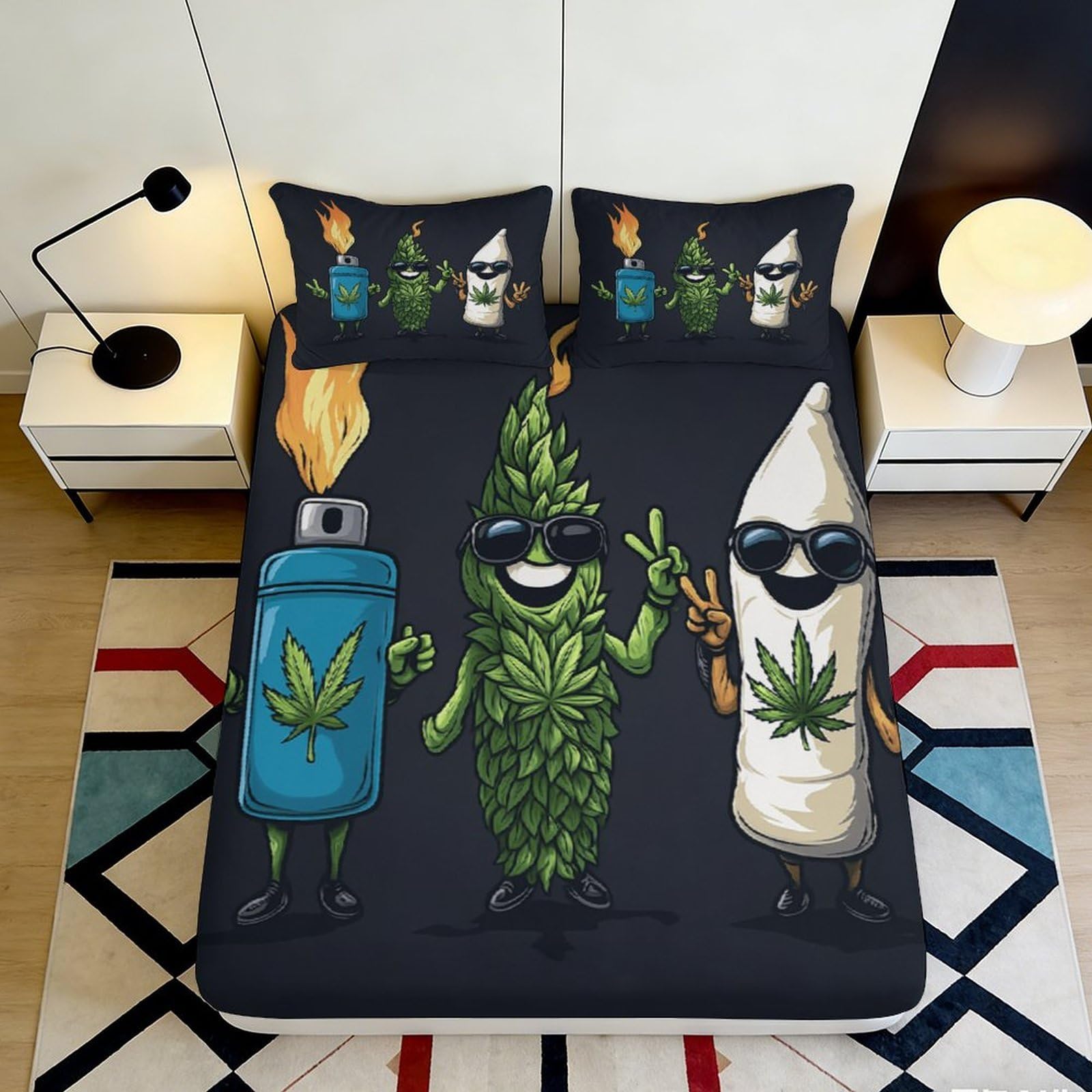 3D Printed Cannabis Leaf Fitted Sheet Microfiber Anti-Slip Flame Lighter Bed Cover for Bedroom Dorm Decoration 90x200x25cm