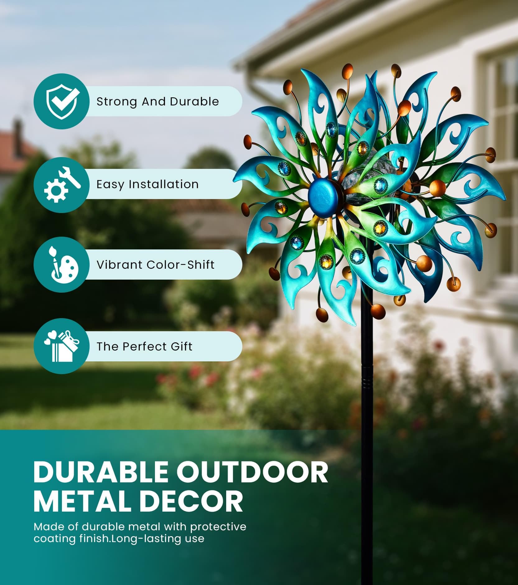 Solar Windspiel Outdoor - H63xB13 Metall Kinetic Garden Spinner mit Crackle Glass Ball & Integriertem Solarpanel - Pfau-Stil Hofwindskulptur mit LED-Licht