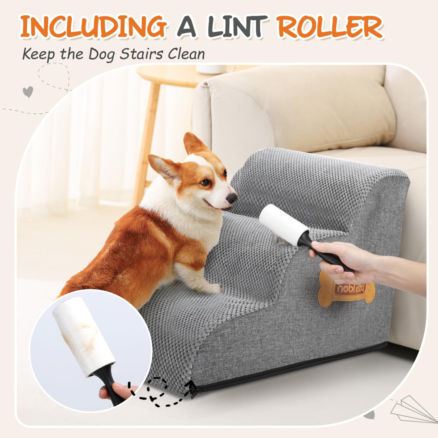 Nobleza Escalera para Perros, Escaleras Rampa para Perros Mascotas de Espuma de 3 Escalones con Rodillo para Pelusa, Escalera para Cama de Perros Pequeños Perros y Gatos Subir a la Cama