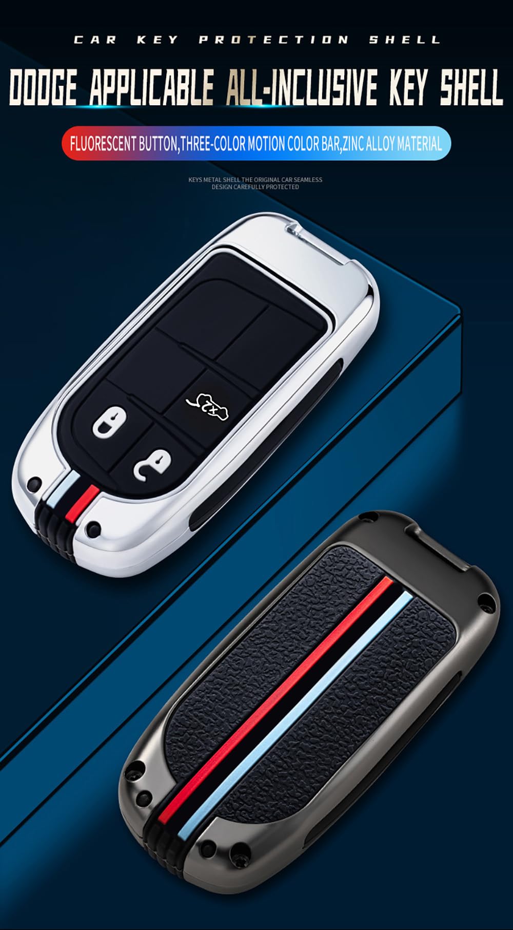 ontto Cover per chiave auto, adatta per Jeep Grand Cherokee Chrysler 300C Renegade FIAT Freemont Dodge Charger Dart Challenger Metallo Portachiavi 3 Tasti-A Argento