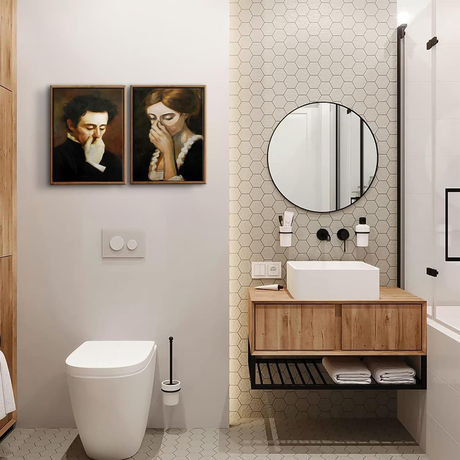 BJVJKSU Framed Funny Bathroom Canvas Wall Art Vintage mid century Style Prints Wall Decor Black and White Humor Classical Toilet Bad Smell Pictures Poster Amusing Lady Man Painting Gift(8x10in) - Image 6