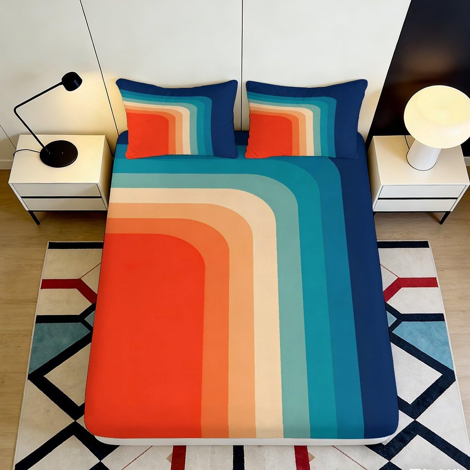 3D Printed Retro Rainbow Fitted Sheet Microfiber Soft Colorful Stripe Bed Cover for Bedroom Guestroom Mattress Decor 90x200x25cm