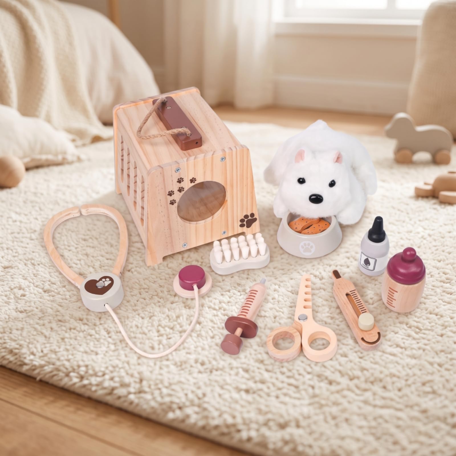 Amagogo Gioco Veterinario Bambini Kit Dottore Animali Valigetta Legno Portatile Pupazzo Peluche Accessori Medici Ciotola Spazzola Narrazione Creativa Adatto