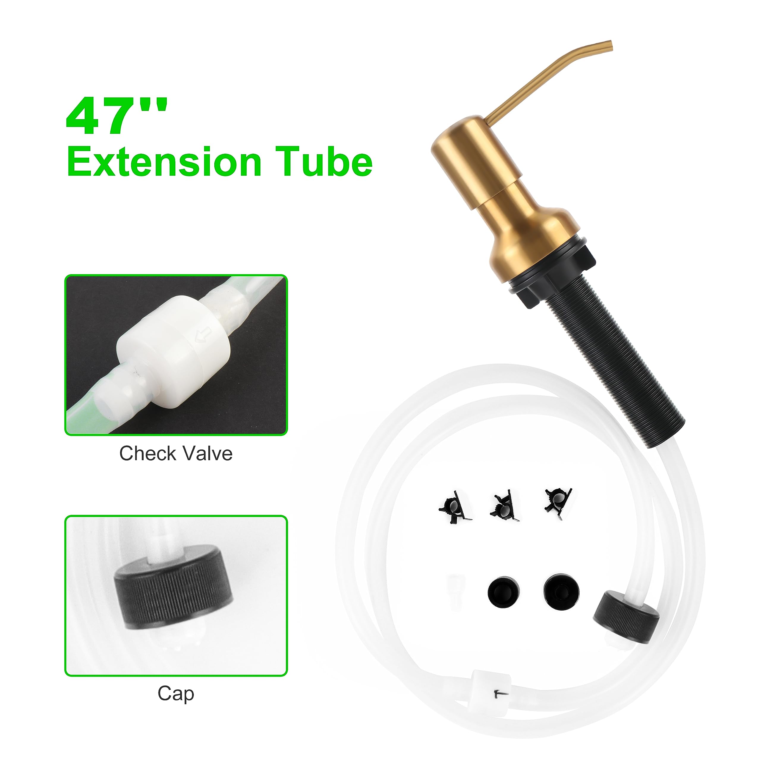 Dispensador de jabón para fregadero de cocina, dispensador de jabón de fregadero con eje roscado más largo, bomba de acero inoxidable con tubo de extensión de 47 pulgadas, se conecta directamente al