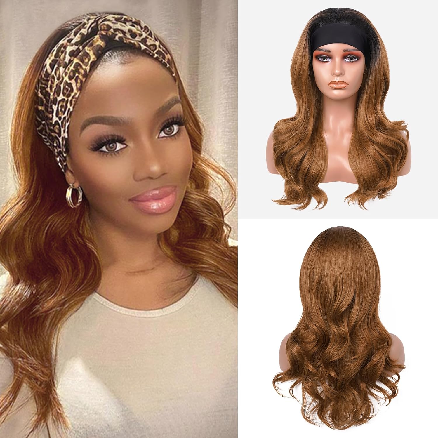 Headband Wigs for Black Women, Glueless Body Wave Headband Wig 22Inch, Synthetic Hair Soft As Human Hair Body Wave Headband Wig (Copper Red(430))