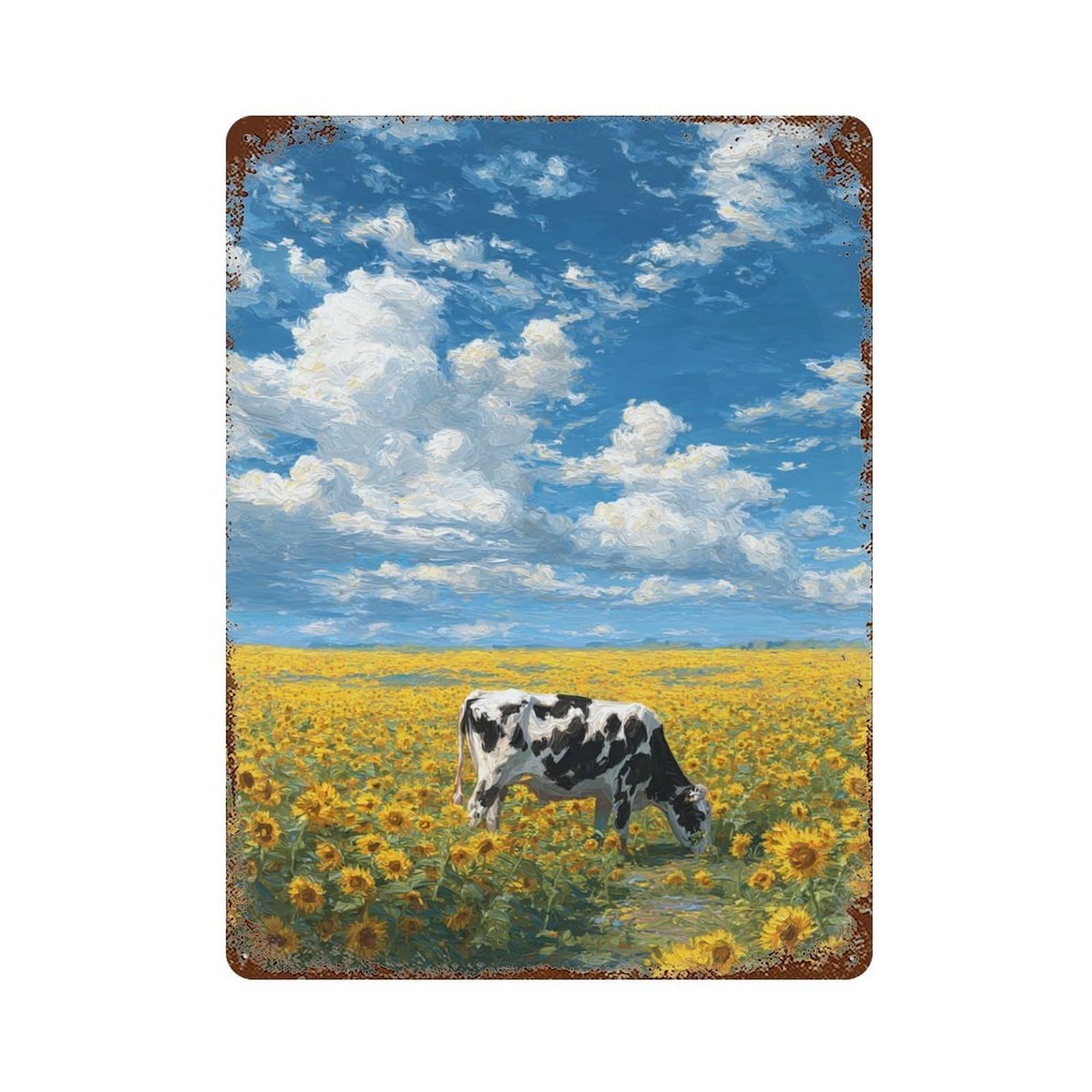 Garage Style Cow in Sunflower Field Distressed Metal Wall Sign 15.7"x11.8", Rustic Home Decor for Bar And Workshop