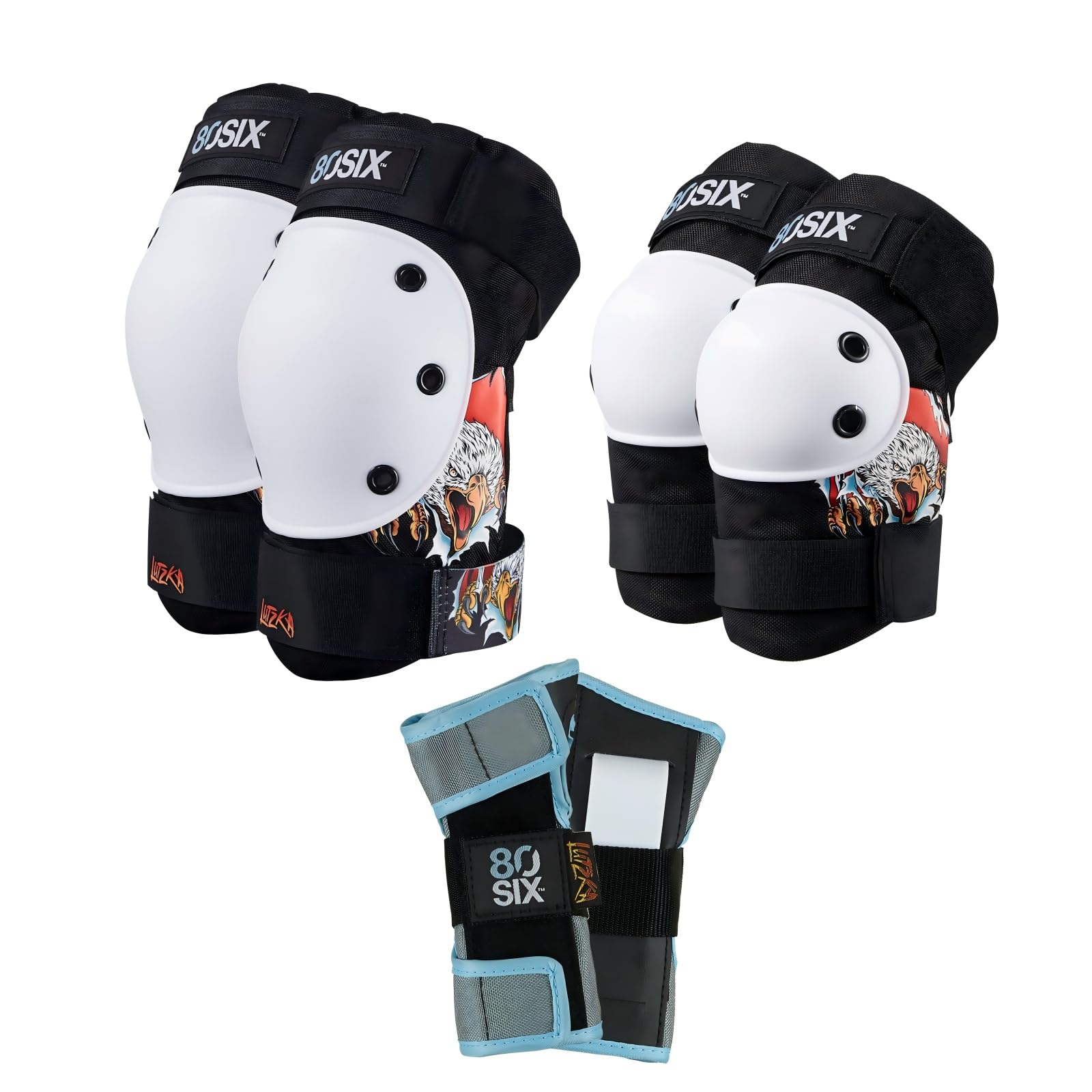 80SIX Kids & Adults Knee Pads Elbow Pads Wrist Guards 6 in 1 Protective Gear Set for Skateboard, Bike, Motorbike, Scooter, Roller Skates, Inline Skates & BMX, Greg Lutzka Signature Edition Black JR/XS