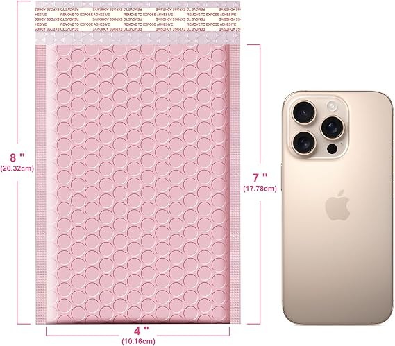 LINGLONG Pink Bubble Mailers 4x8 Inches 50 Pack, Usable Size 4X7 Bubble Envelopes for Small Business, Padded Envelopes, Shipping Envelope, Packaging Bags, Mailing Envelope, Shipping Supplies