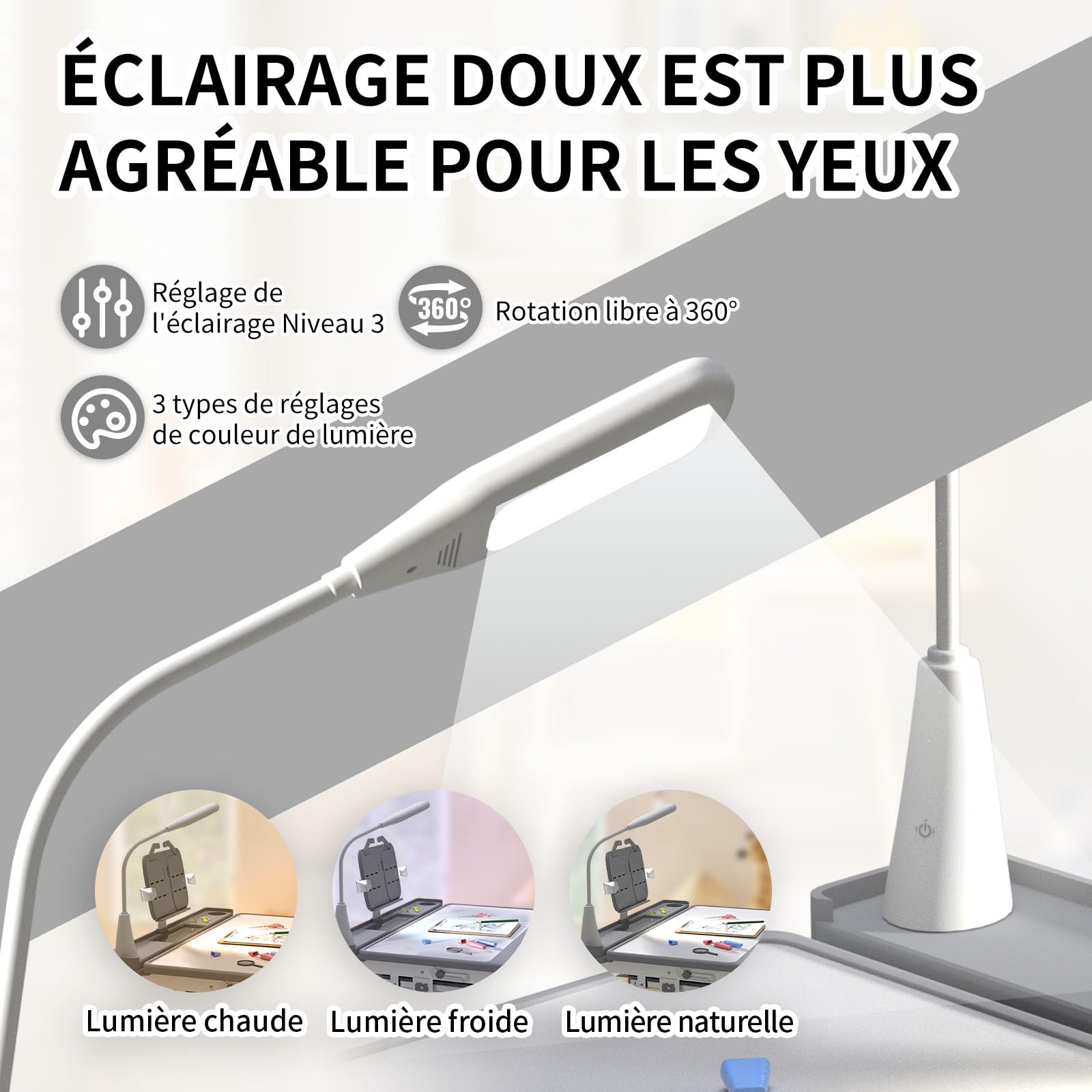 Ensemble Bureau et Chaise pour Enfants 3 à 12 Ans Chaise Bureau Enfant Fonctionnelle Hauteur Réglable Plateau Inclinable à 45° Lampe Led Support de Lecture Boîte à Stylos Tiroir et Porte-gobelet, Gris