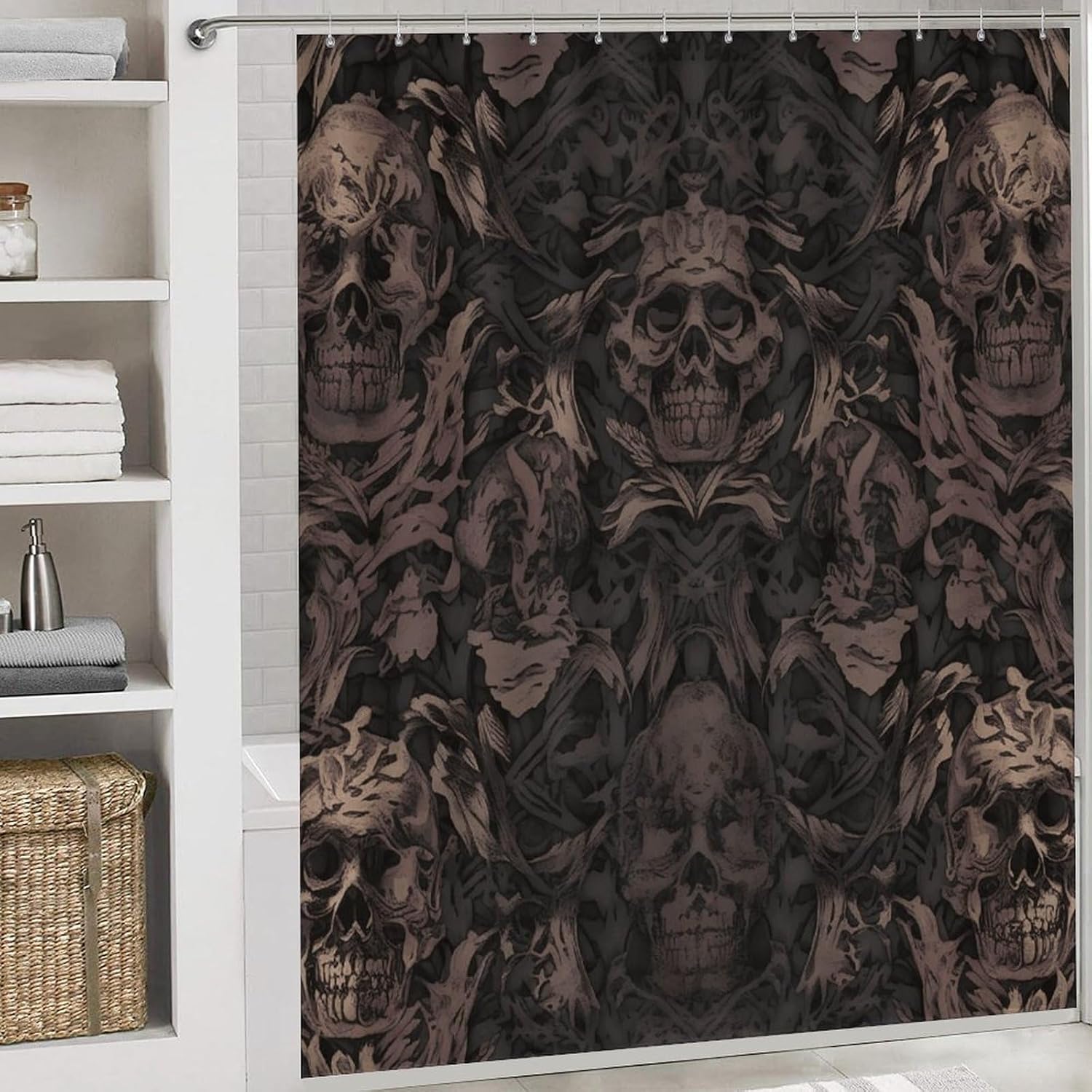 4-piece Bathroom Set with Waterproof Shower Curtain, Non-slip Absorbent Rug,Gothic Wallpaper for Walls Skull Damaskprinting And Toilet Seat Cover - Bathroom Accessories And Decor for Modern Homes, Wit