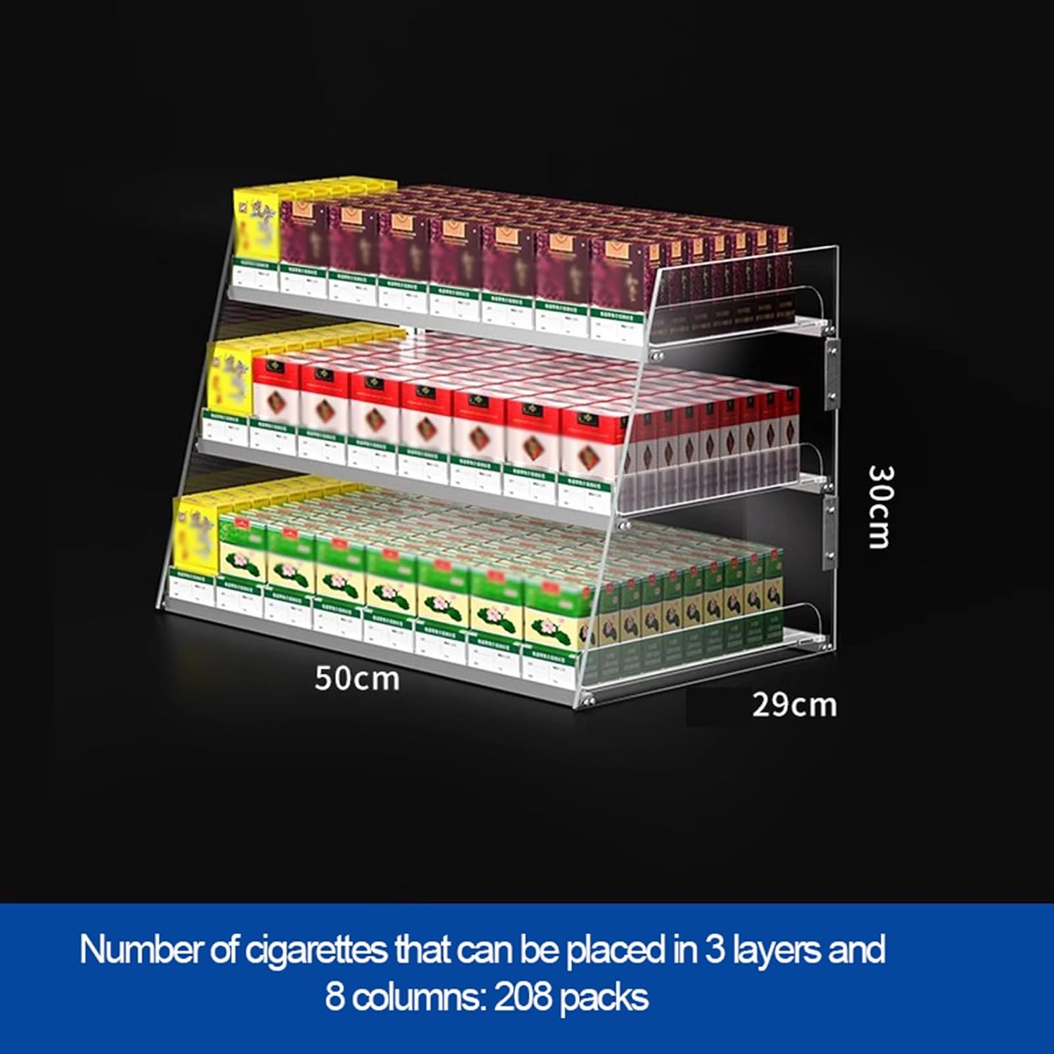 Store Display Shelves Cigarette Display Holder Cigarette Display Case, Automatic Cigarette Pusher, Wall Mounted Acrylic Display Rack, Matchbook Holder Divider for Store Retail(50x29x30cm)