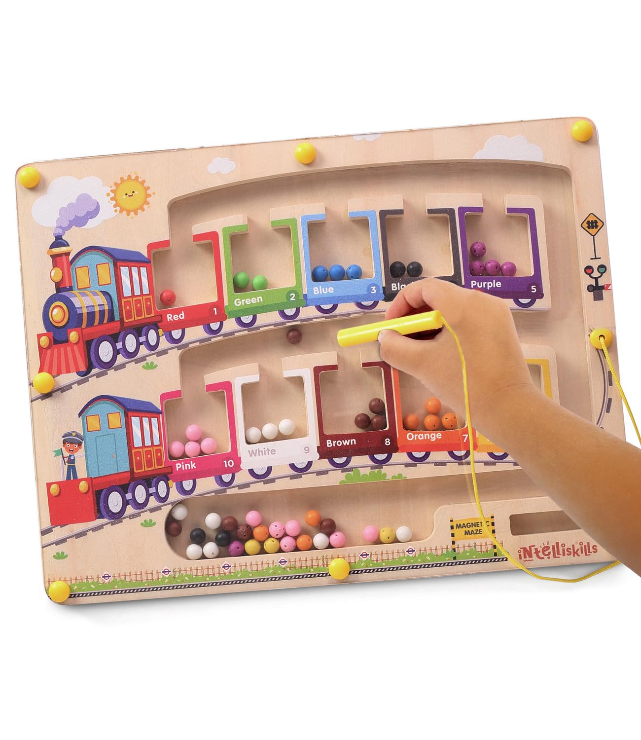 Intelliskills Premium 3 in 1 Magnetic Maze for Kids,Montessori Wooden Color Sorting & Matching Puzzle Toys for Boys/Girls,Rainbow Beads Puzzle,Fun Learning Toys for 3+Years, Birthday Gift (Train)-image-31
