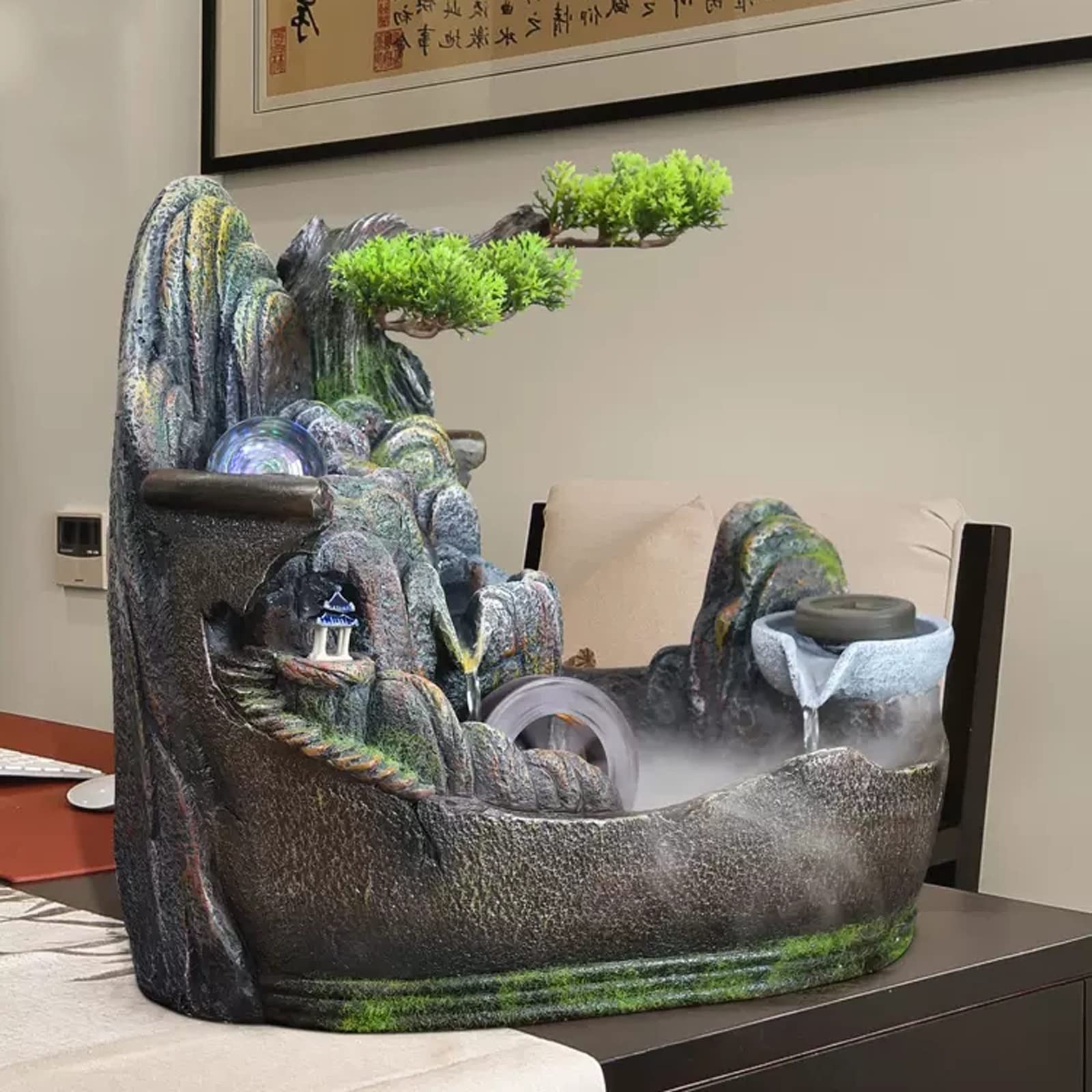 Fuente Decorativa de jardín, Fuente de Agua con Cascada, de Resina, con Bomba de Agua, Feng Shui Zen, decoración para salón, Dormitorio, Oficina, 30 x 19 x 26 cm, Tamaño Klein