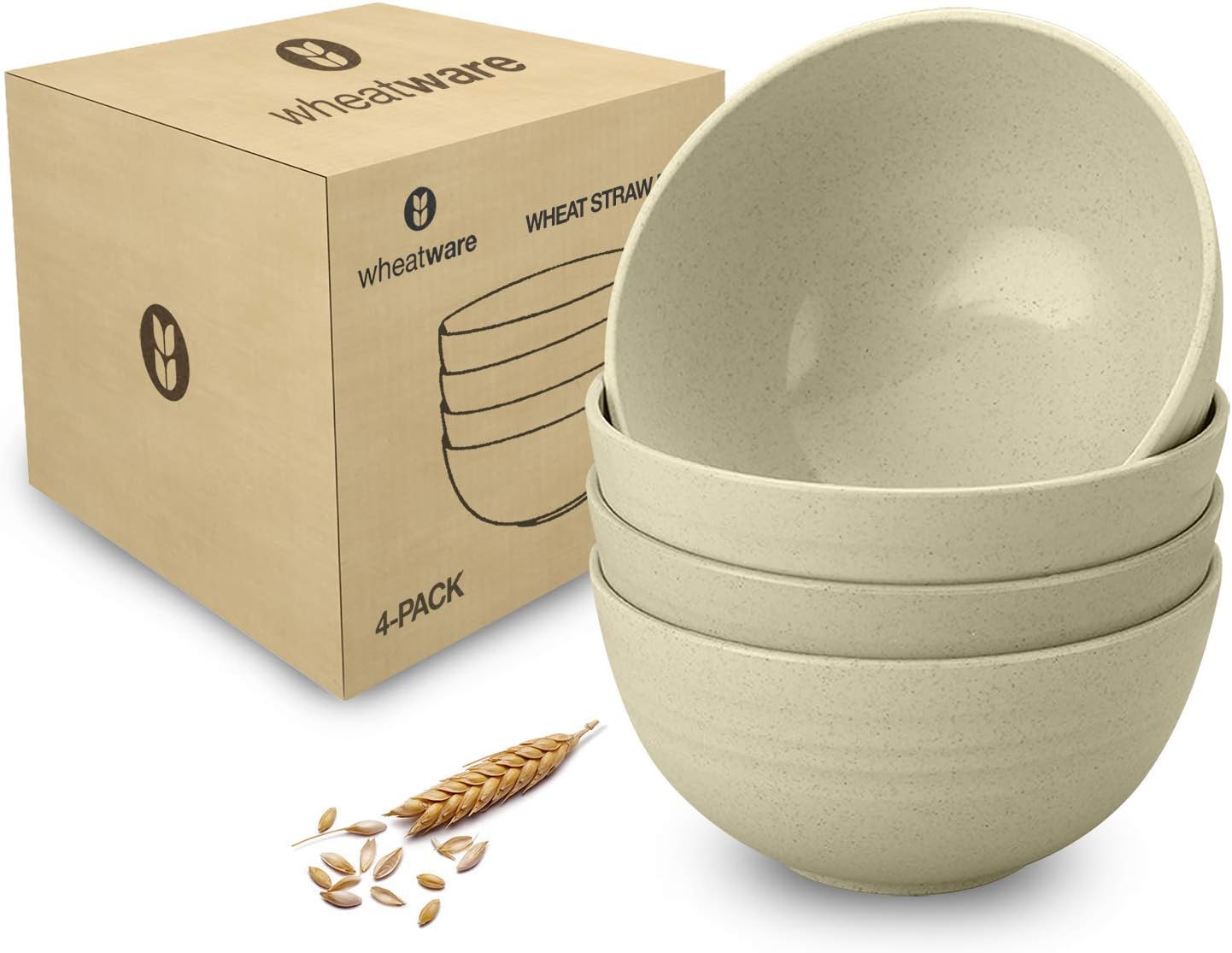 Wheat Straw Bowls + Online Cookbook - 4 Pack - 24 OZ Eco-Friendly Bowls for Kitchen - Wheatware Cereal Bowls Microwave and Dishwasher Safe - Soup Bowls for Toddlers, Adults, & Pets (Beige)