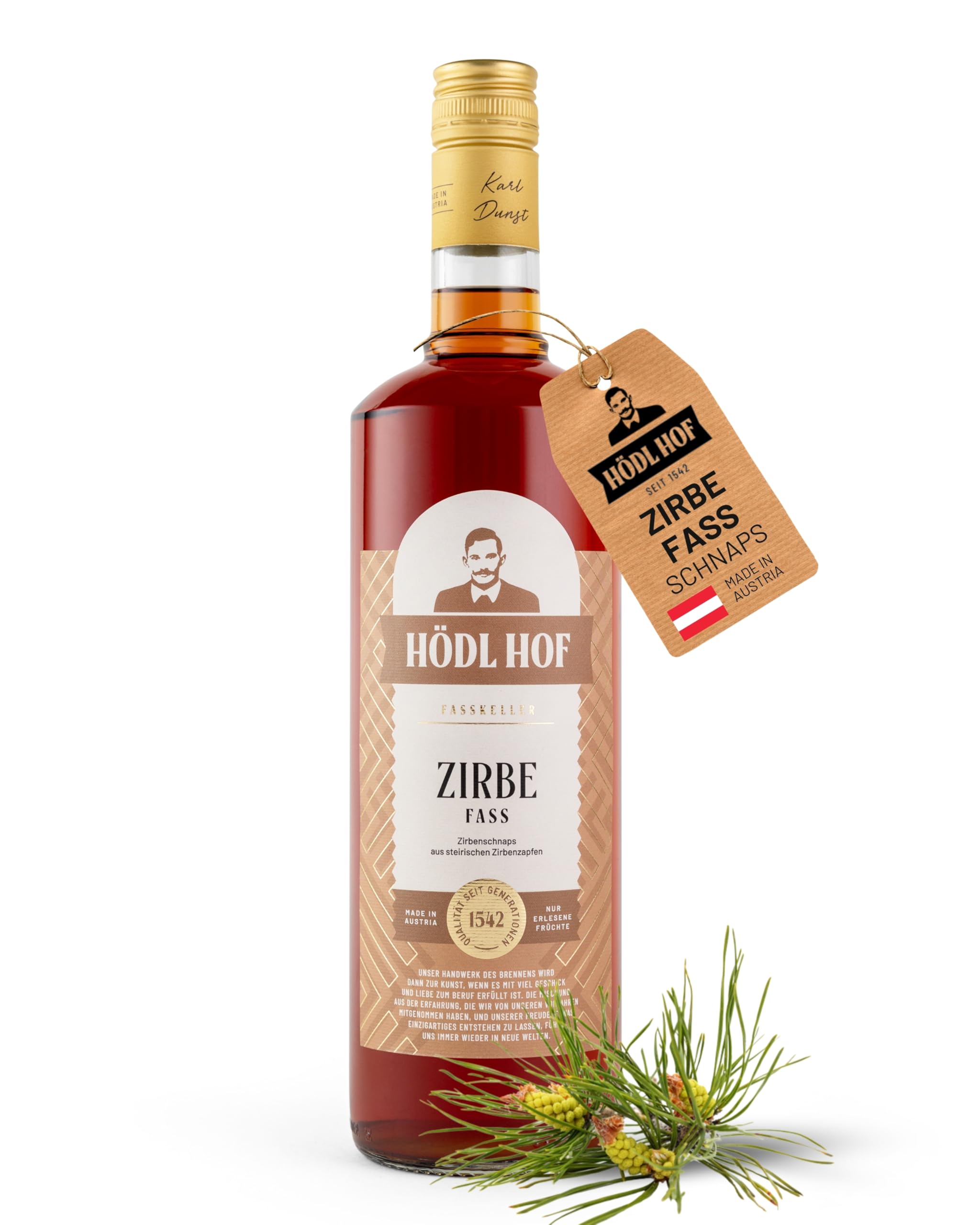 Hödl Hof Zirbe Fass 1,0L I Zirbenschnaps aus steirischen Zirbenzapfen I im Holzfass gelagert I Zirbenschnaps aus hochwertigen Zutaten I Feiner Zirbenlikör aus dem Eichenfass I Edle Spirituose 38% vol