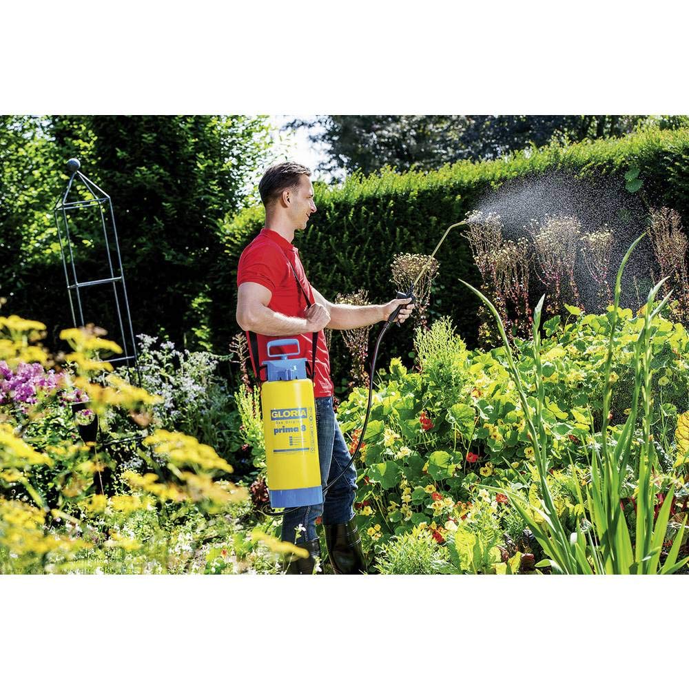 GLORIA Spruzzatore prima 8 | Pompa da Giardino XL da 8 Litri Gialla | Nebulizzatore con lancia in ottone | Base circolare stabile | Livello trasparente | Per grandi giardini, serra e piante