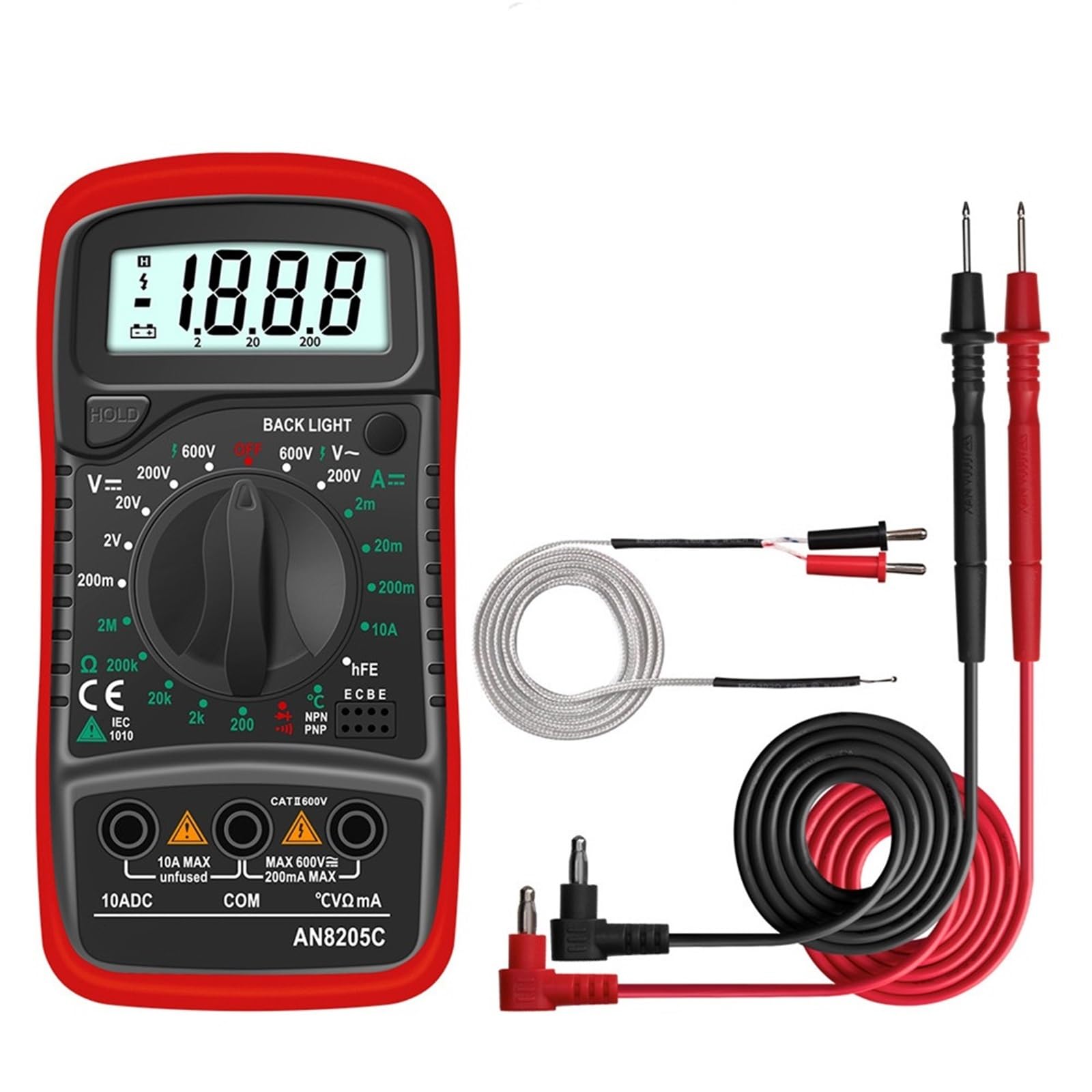 AN8205C Digital Multimeter AC/DC Ammeter Volt Ohm Tester Meter Multimetro With Thermocouple Backlight Portable(AN8205C Red)