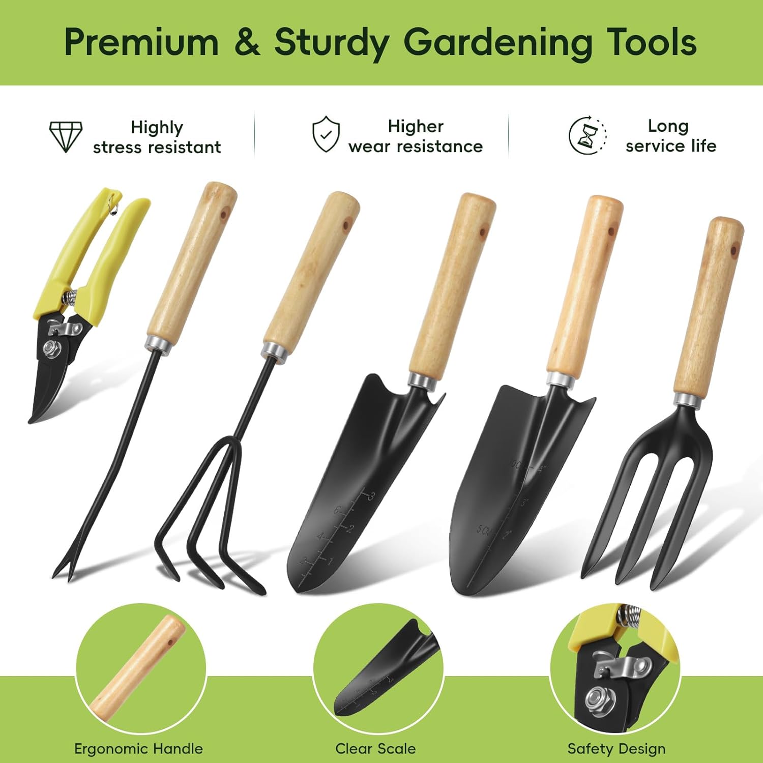 9-Piece Gardening Tool Set, Heavy Duty Garden Tool Set with Wood Handle, Premium & Durable Hand Tools Gardening Kit with Stylish Handbag, Gardening Gifts for Women