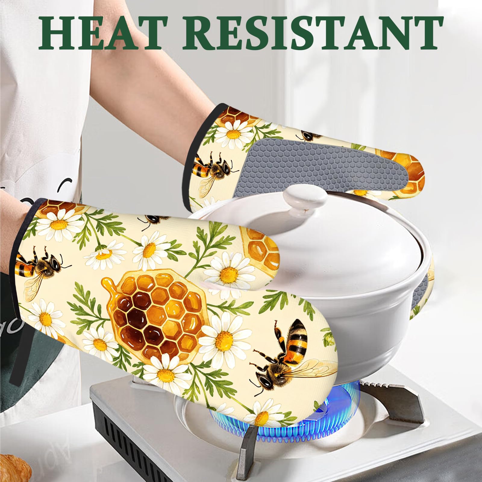 Juego de 4 manoplas de silicona para horno y soportes para ollas, guantes de horno, almohadilla caliente para cocina, hornear, cocinar, asar a la parrilla