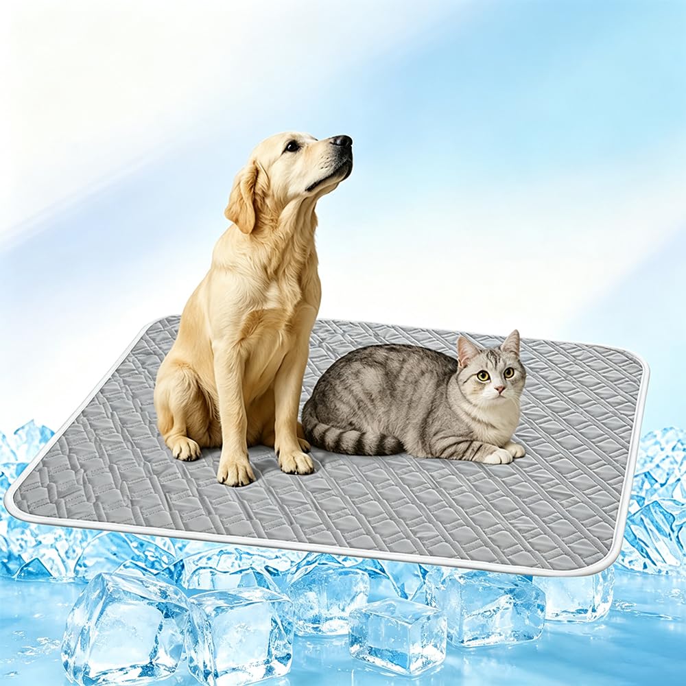Cooling Mat for Cats - 2026 New Soft Large Cool Pad, Non-Slip Mesh Bottom, Self Ice-Silk Polyester, Waterproof, Easy Clean, for Dog Crate, Car, Outdoor (Gray, M（70x50cm）)