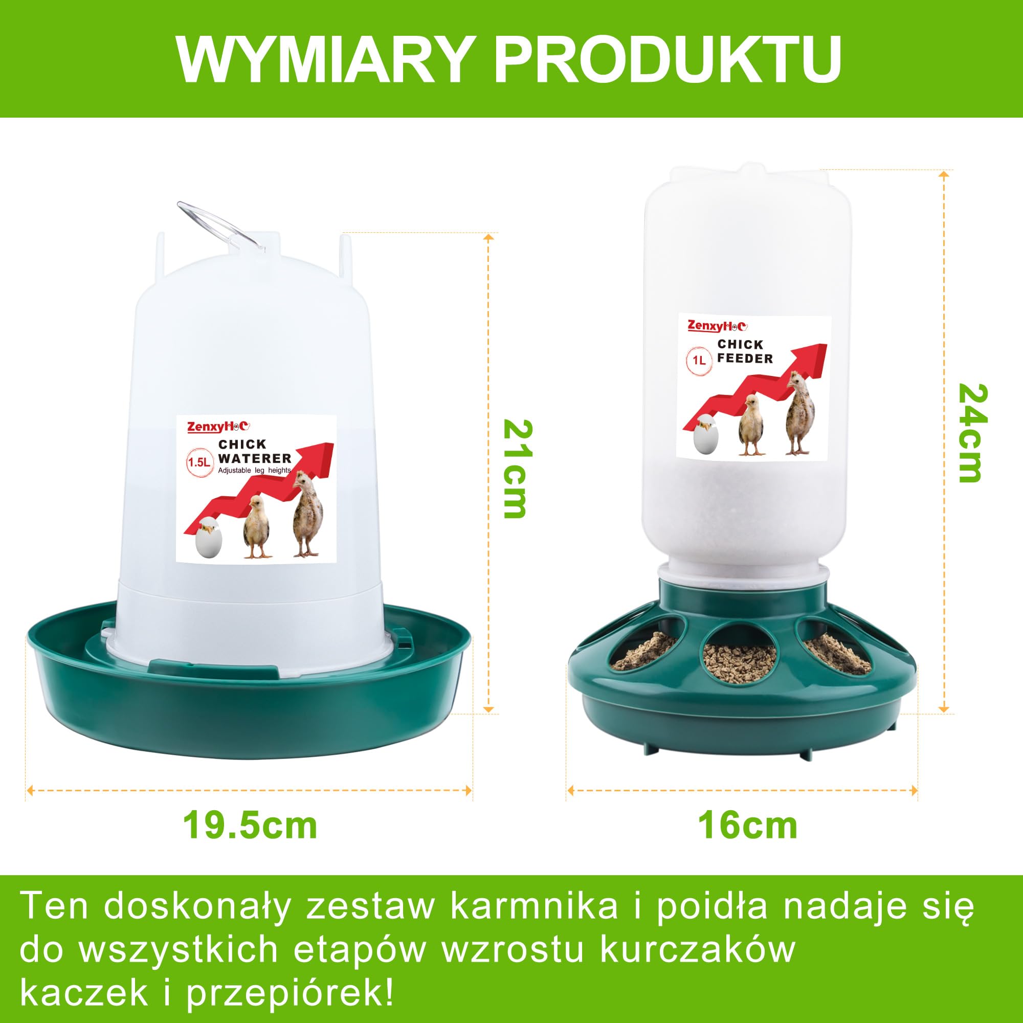 ZenxyHoC Zestaw do poidła dla piskląt, automat do karmy dla kurcząt, 1 kg i poidło 1,5 l z 3 regulowanymi wysokościami (zielony)