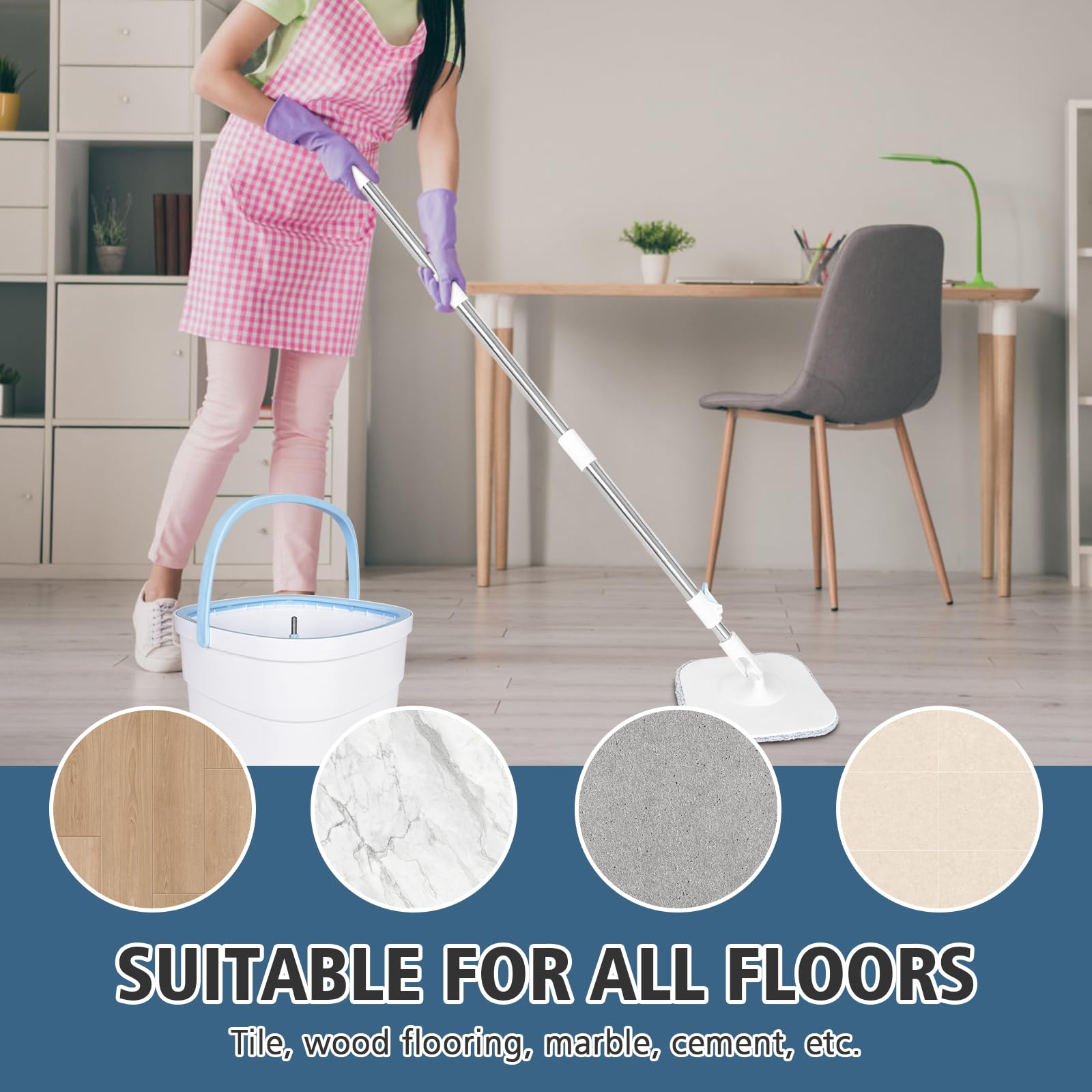 Set Mocio Lavapavimenti con Secchio Lavapavimenti a 2 Camere, Mocio Piatto con Separazione Acqua Sporca/Pulita, Mocio Rotante a 360° per Tutti i Pavimenti, Include Panno in Microfibra
