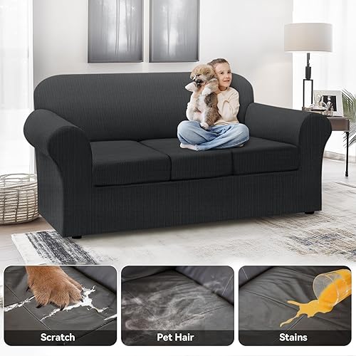 Miniatura 3 de Funda para sofá 100% impermeable, juego de 4 piezas, funda de sofá a rayas para sofá de 3 cojines, con parte inferior de poliuretano termoplástico a