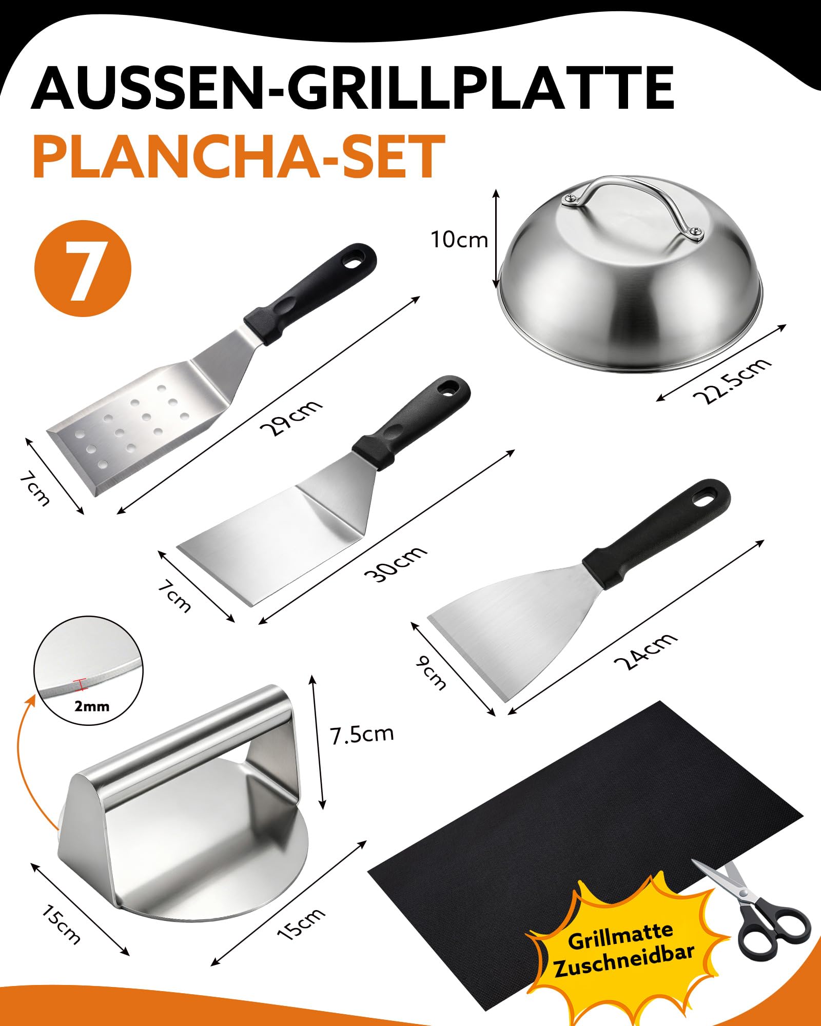 7er Set Plancha Grillplatte Edelstahl 40x30 cm, 4 mm, für Gasgrill und BBQ