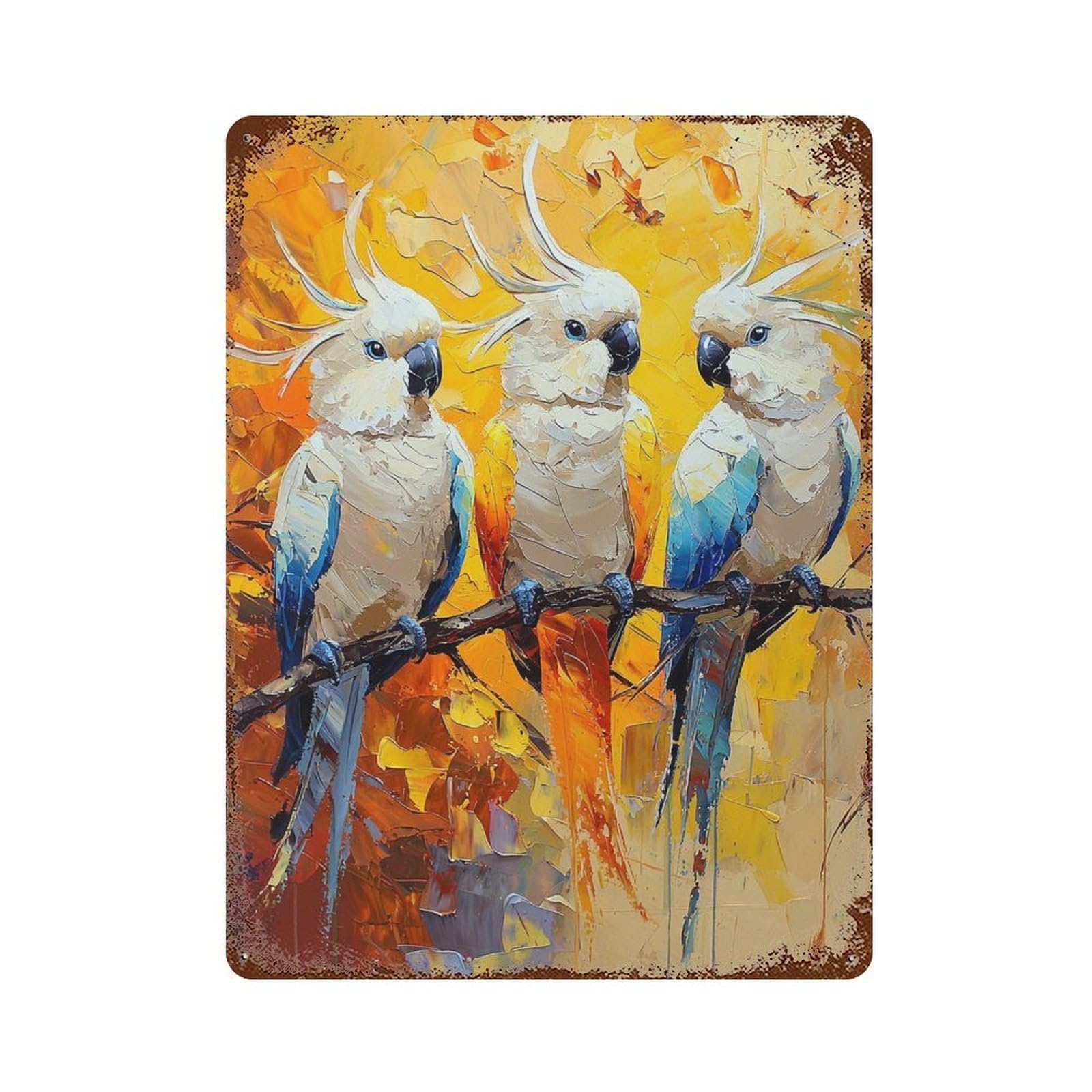 Parrot Trio on Branch Aged Metal Wall Plaque 15.7"x11.8", Classic Wall Plaque for Garage, Pub Or Kitchen