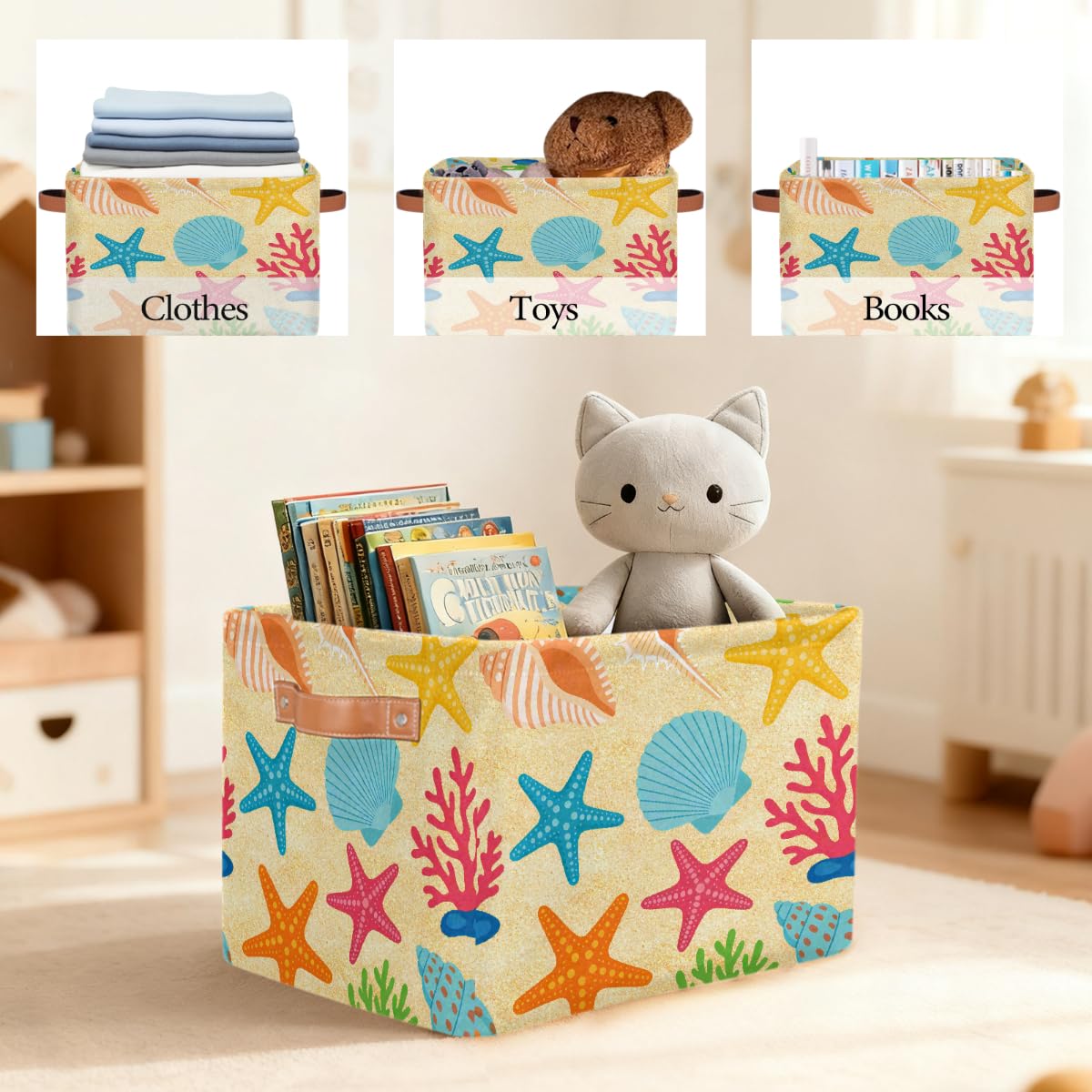 Rechteckiger Aufbewahrungskorb mit Ledergriffen, Cartoon-Sommer, Strand, Seestern, 2 Stück, faltbarer Stoff-Aufbewahrungskorb für Schrank, Badezimmer, Wohnzimmer, Büro, Spielzeug, Organizer