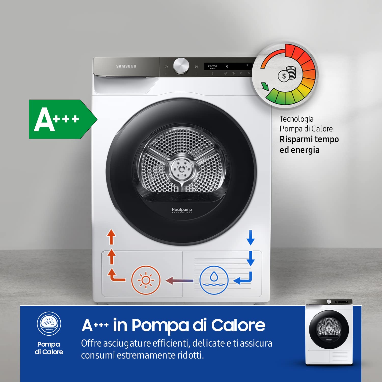 Samsung Asciugatrice DV90T5240AT/S3, 9 Kg, a pompa di calore, 60 x 85 x 60 cm, Porta Reversibile, Libera installazione