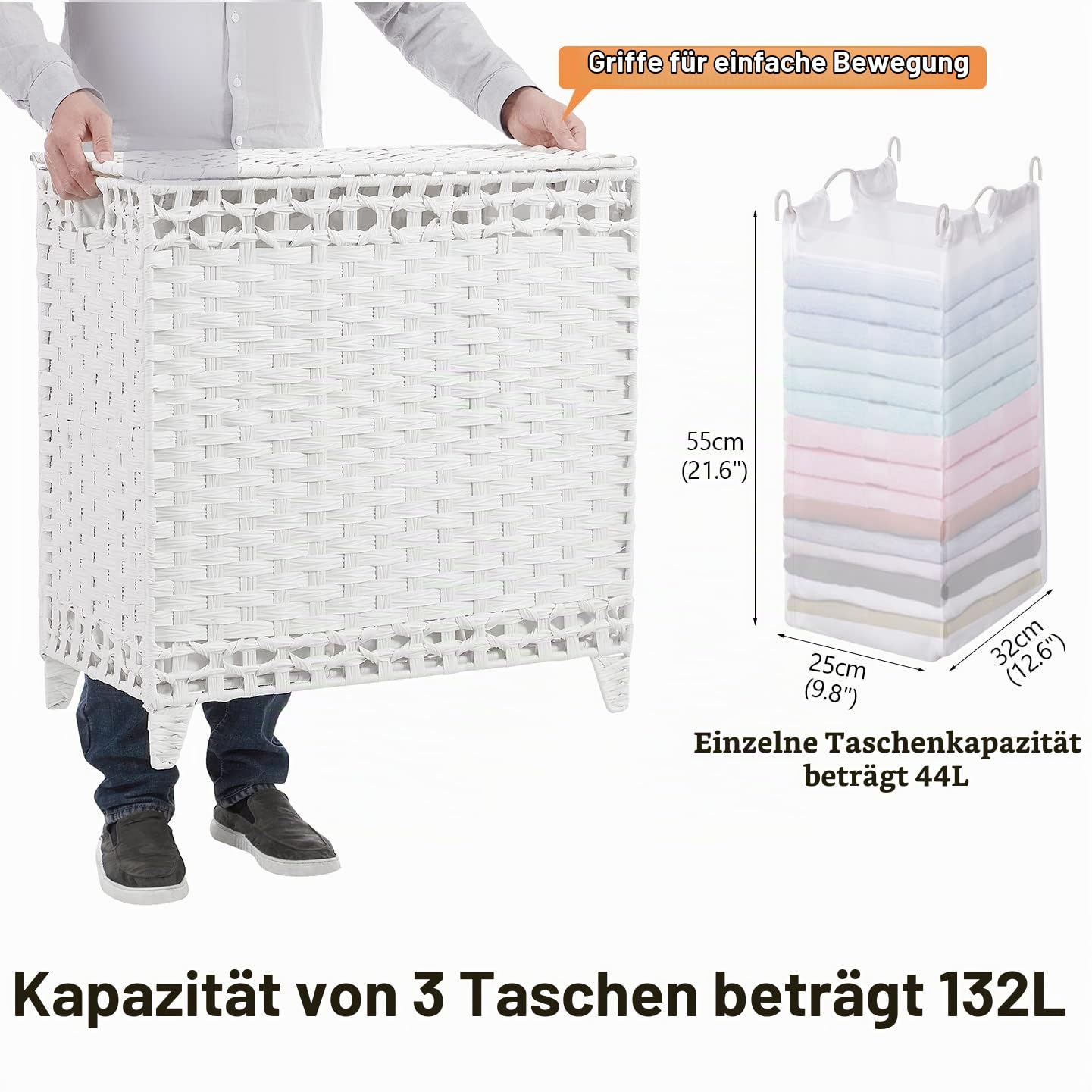 Wäschekorb mit 3 herausnehmbaren Beuteln; 132 l handgewebter Rattan-Wäschekorb mit Deckel und erhöhten Füßen; Wäschekorb mit seitlichen Griffen; Wäschesortierer mit 3 separaten Abschnitten (weiß)