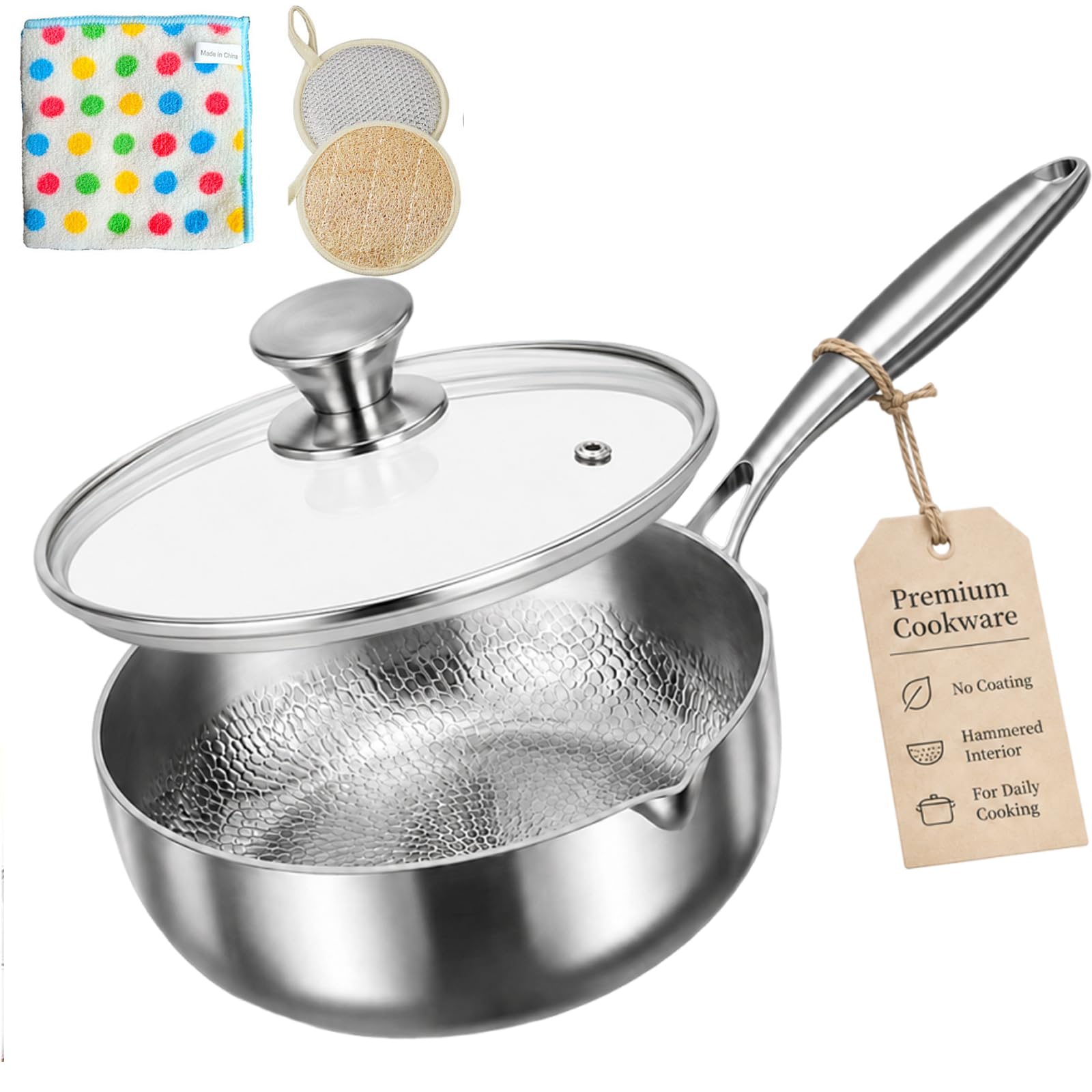 Sarten de Titanio, Sarten Titanio Puro Antiadherente, 18/20/22cm Padella Titanios sin Revestimiento Martellato, Sartenes de Titanios con Beccuccio per Induzione, Gas e Vitroceramica (Con tapa, 20cm)
