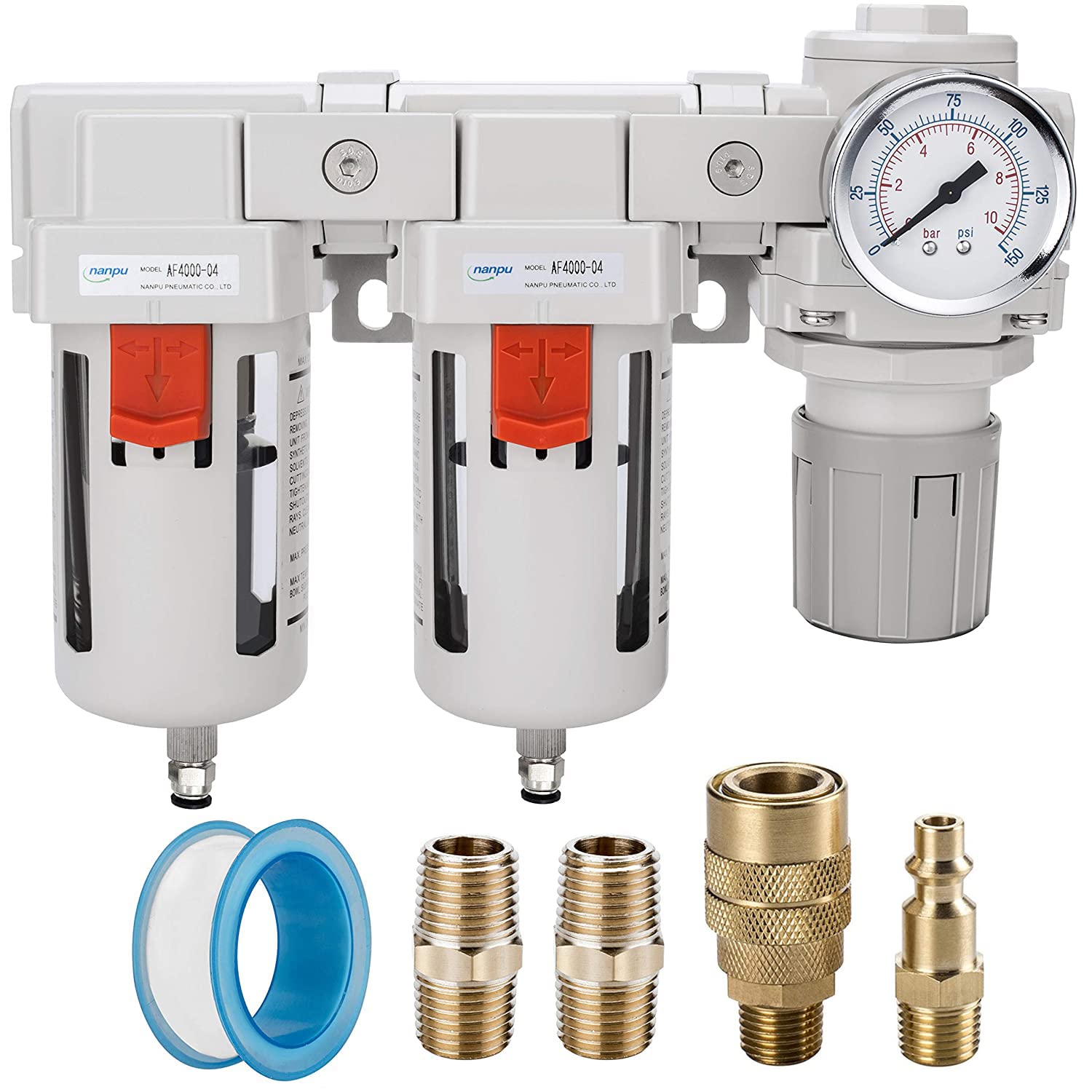 NANPU DFR-03 3/8" NPT Air Drying System - Double Air Filters, Air Pressure Regulator Combo - Semi-Auto Drain, Poly Bowl — Amazon image 11
