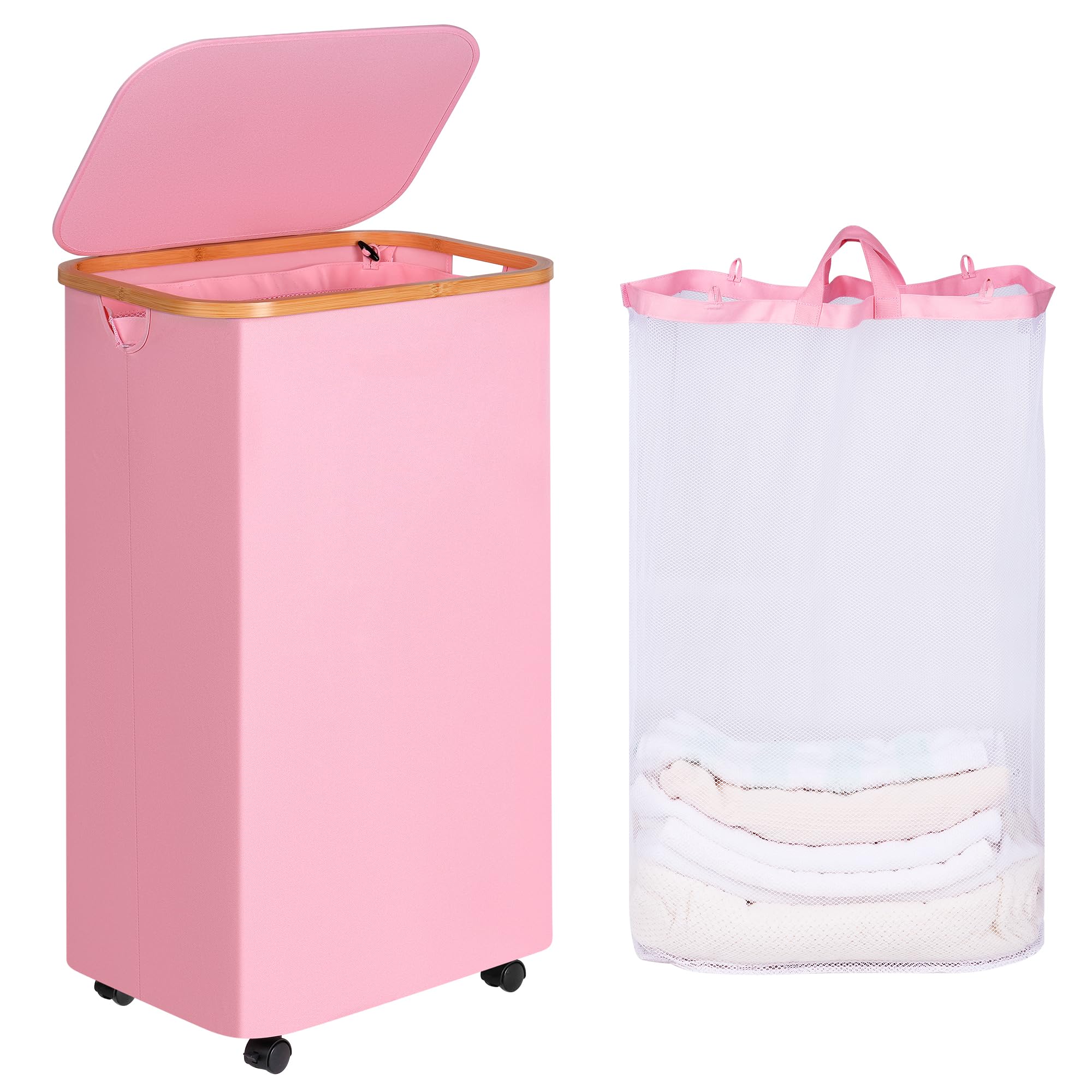 iEGrow 110L Laundry Basket with Wheels,Clothes Hamper for Laundry,Laundry Hamper with Lid and Inner Bag, for Laundry Room, Bedroom, Dormitory Storage,Pink
