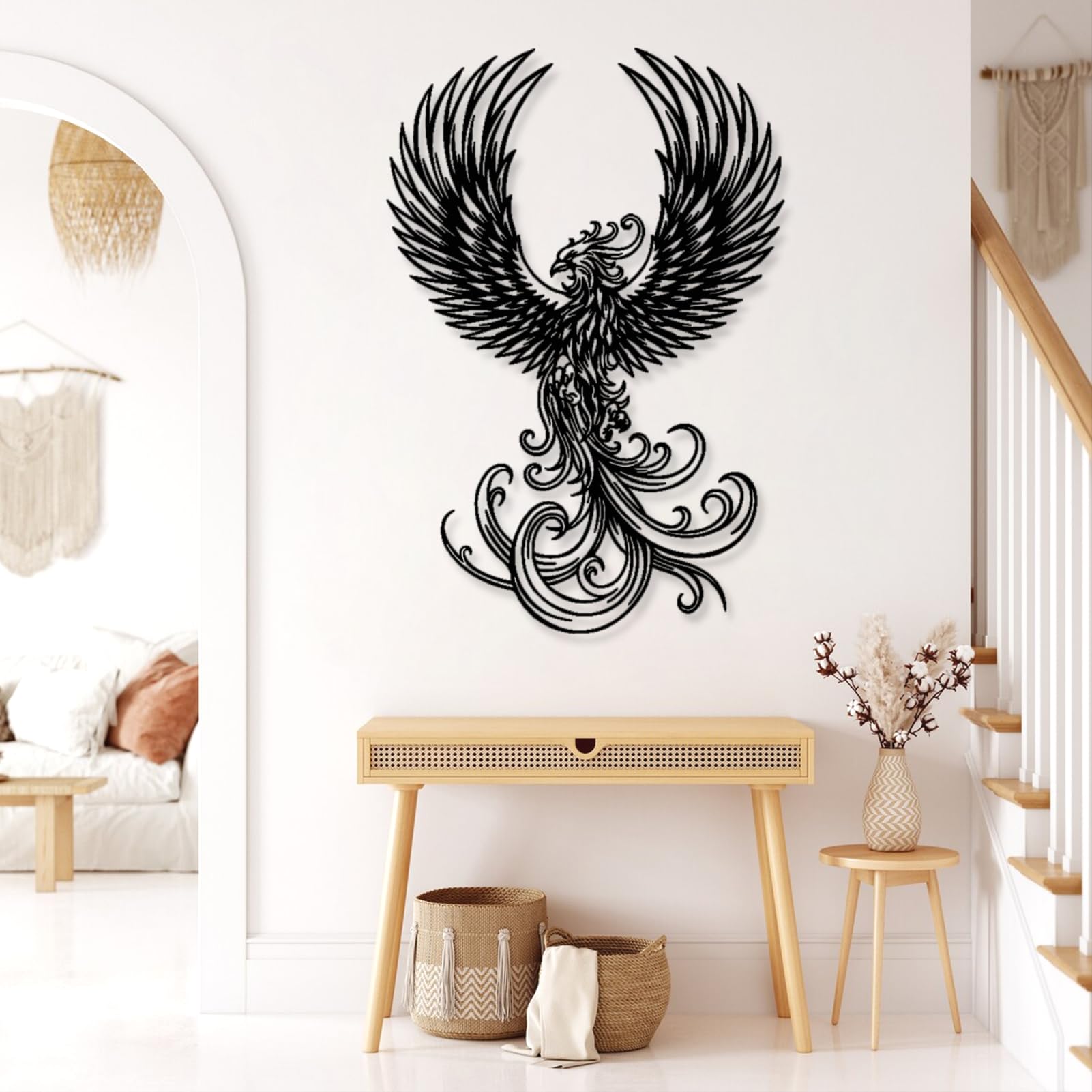 Metalowa sztuka ścienna - dekoracja feniksa, feniks, duży feniks, ptak feniks, ptak boho, mityczny ptak, wiszący salon, sypialnia, prezent na parapetówkę (48 x 70 cm, złoty)