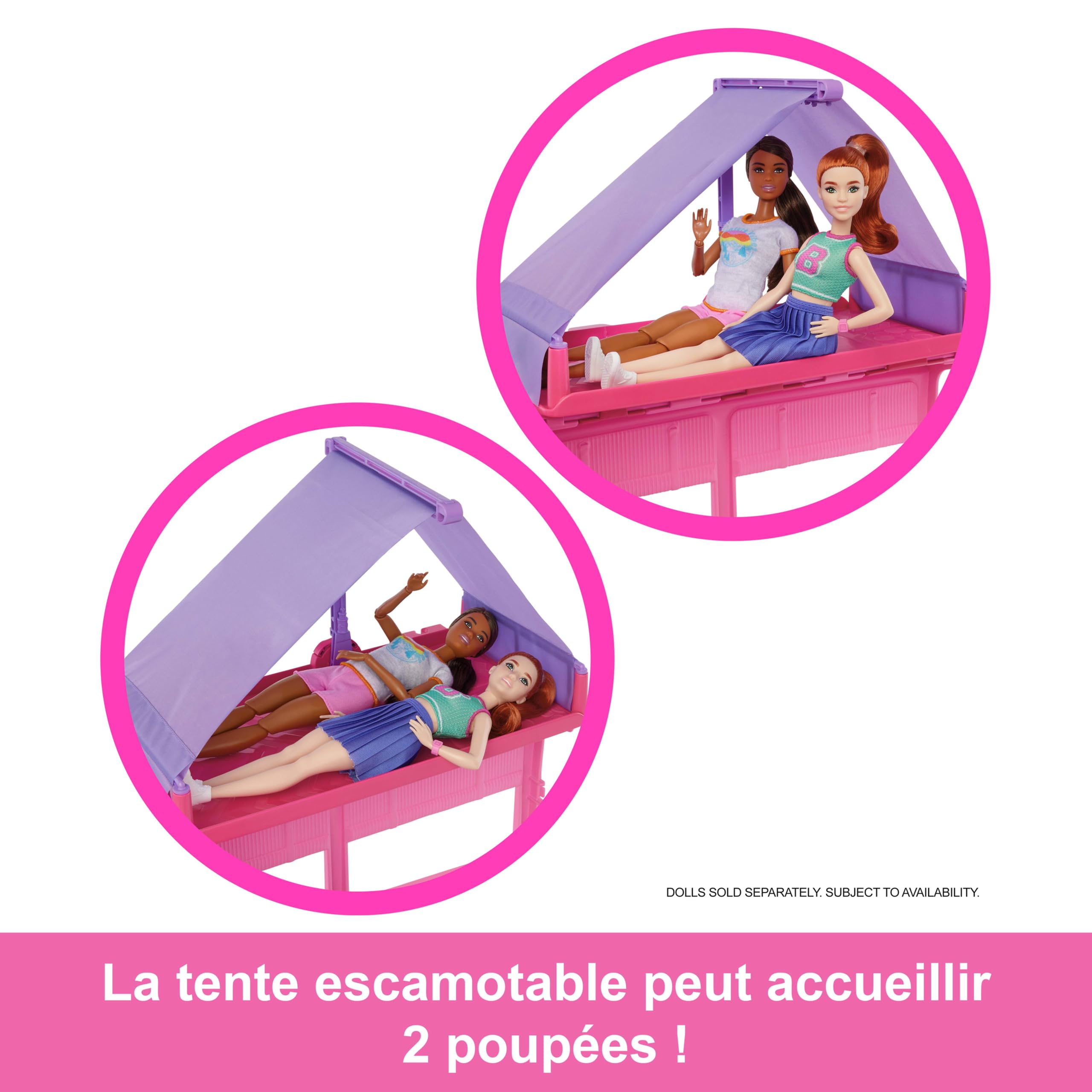 Barbie Coffret Camping-Car de Rêve avec Tente sur Le Toit, balançoire, Bassin pour la pêche, Barbecue-Grill avec Fonction Changement de Couleur et Plus de 60 Accessoires, HRJ78