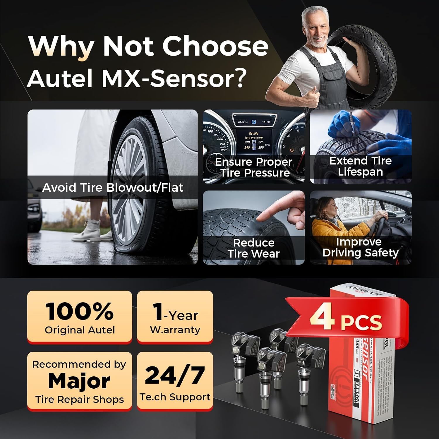 Czujnik Ołtarza MX-Sensor TPMS, Wymiana Czujnika Podwójnej Częstotliwości do Wszystkich Samochodów, Identyczny z Czujnikiem OE, System Monitorowania Ciśnienia 100% Klonowany (Metalowy Zawór, 4 Sztuka)