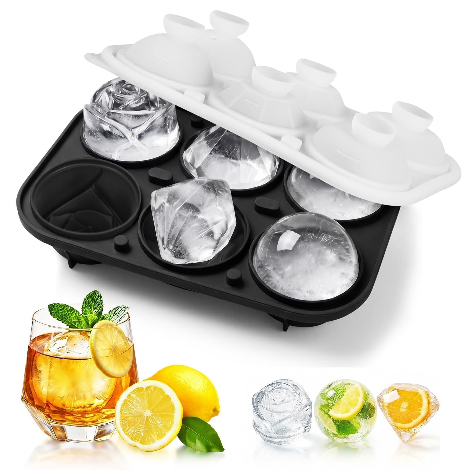 6 Hole Silicone Ice Ball Mould, 5cm Round Ice Cube Tray with Funnel Lid, Reusable Large Ice Sphere Maker for Whiskey Cocktails, Black