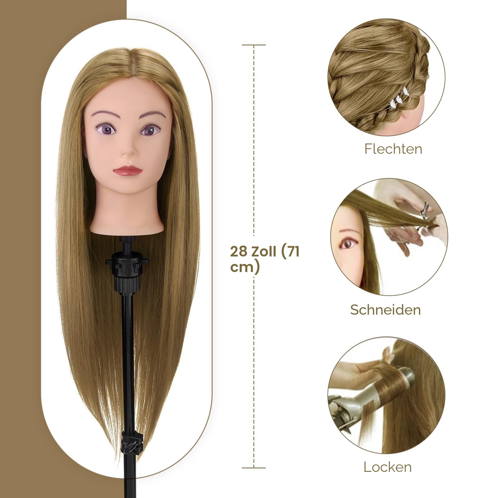 Neverland Beauty Frisierkopf mit Übungskopf ständer,71cm 60% Frisierkopf Echthaar,Puppenkopf zum Frisieren,Trainingsköpfe für Friseure Ausbildung Kopf Mit Halter + DIY Haare Set(Blond)