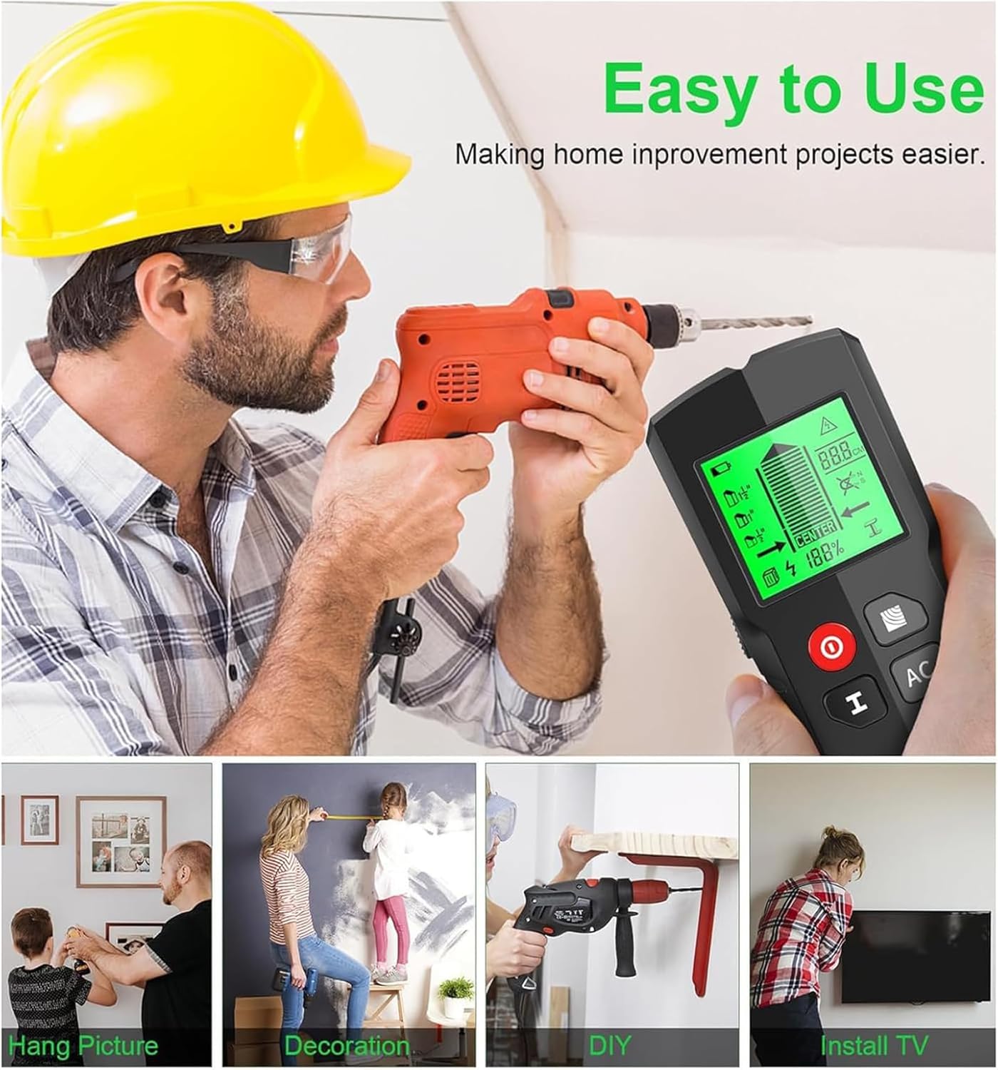 Stud Finder Wall Scanner, Electronic Stud Center Edge Detector with LCD Screen, Audio Alarm, 99% Accuracy, Multiple Scanning Modes for Walls & Floors, Home Improvement Tool