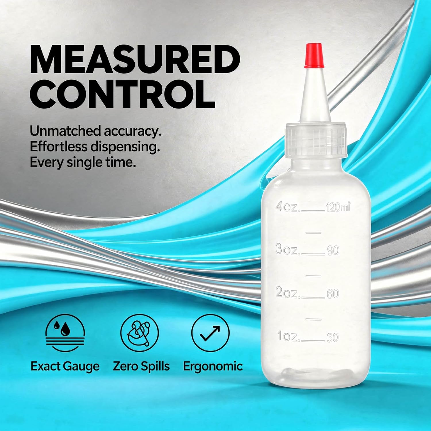 Lnrueg 6 Pack Mini Squeeze Bottles for Sauces with Red Yorker Spout - Precise Pouring, Easy to Read Scale, 4 fl oz Squirt Bottle, Ideal for Condiments, Sauces, Art and DIY, 5.63 in