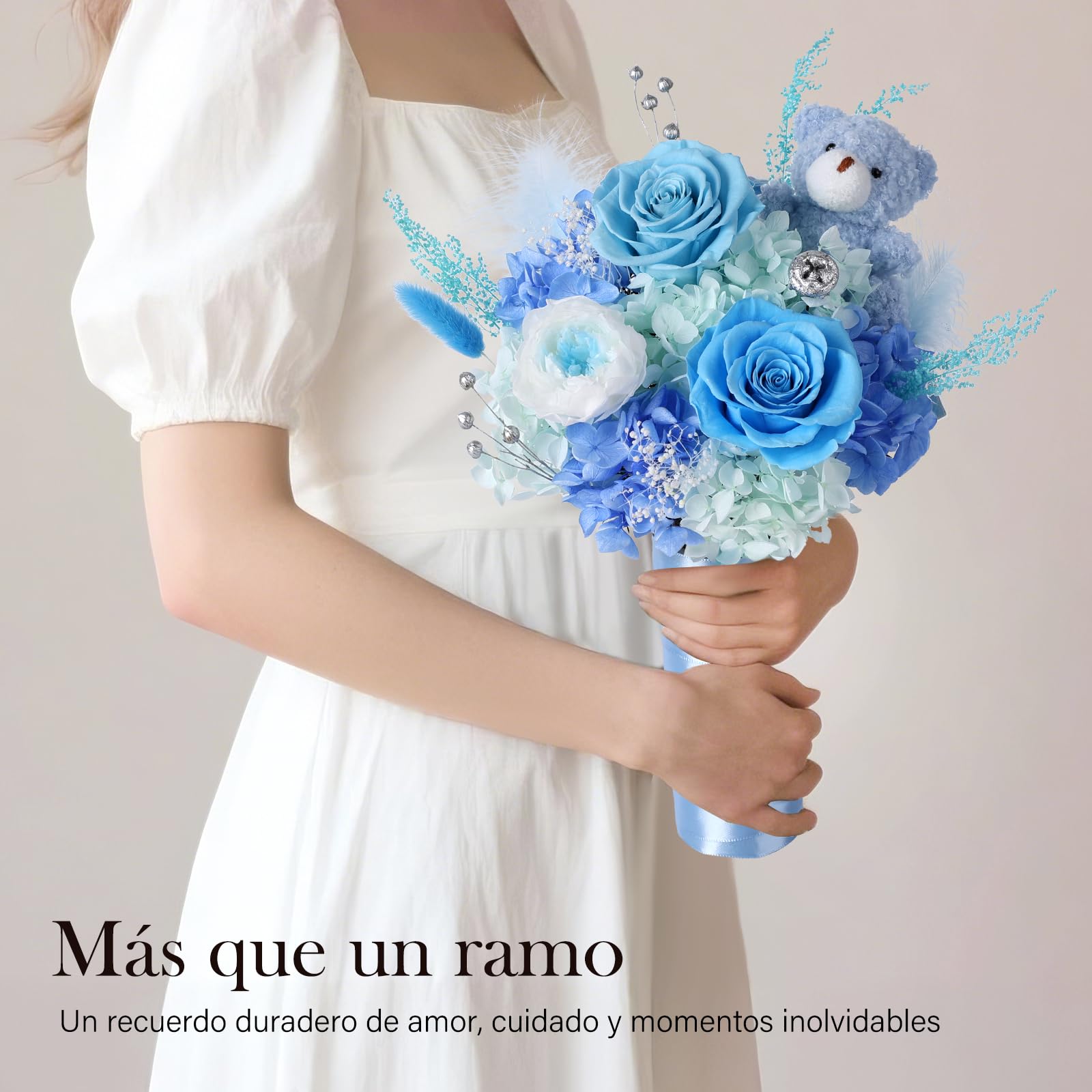 Ramo de Flores Preservadas con Osito, Rosas Eternas Azules, Regalo Mujer | Regalo de 3 rosas preservadas en San Valentín, aniversario, cumpleaños o Día de la Madre, para mujer, novia, esposa o madre
