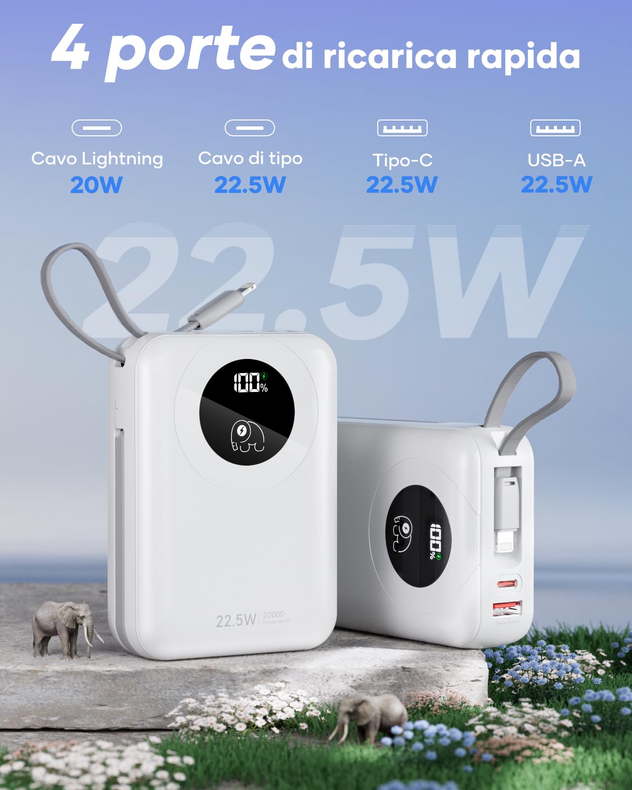 20000 mAh Power Bank con Cavi Integrati: Batteria Esterna a ricarica rapida da 22.5W per telefono cellulare, Pacco Batteria USB C,Caricatore Portatile con 4 uscite e 2 ingressi-Bianco