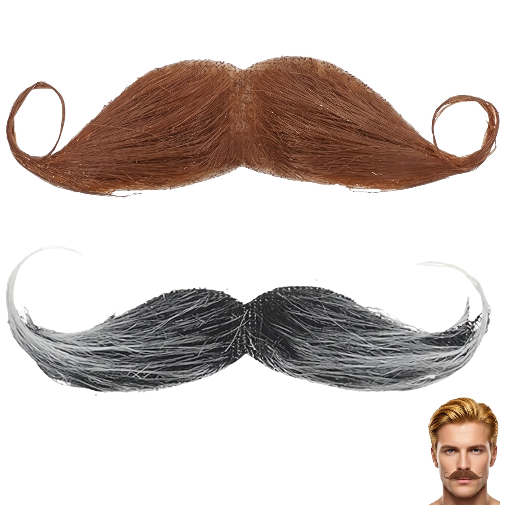 2 Pcs Fake Moustache,Stick On Mustache Handlebar,False Moustache Adults,Moustaches Self Adhesive Black and Brown,Fake Beard,Old Man Detective Mustaches for Halloween Carnival Christmas Cosplay Costume