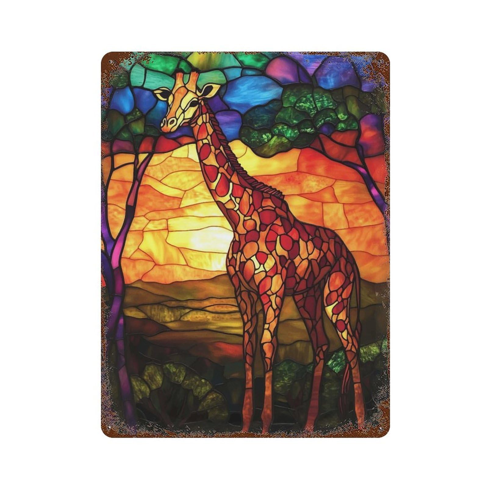 Stained Glass Giraffe Rusty Metal Tin Sign 15.7"x11.8", for Shed, Workshop And Garage Wall Decor, Shabby Chic Decor