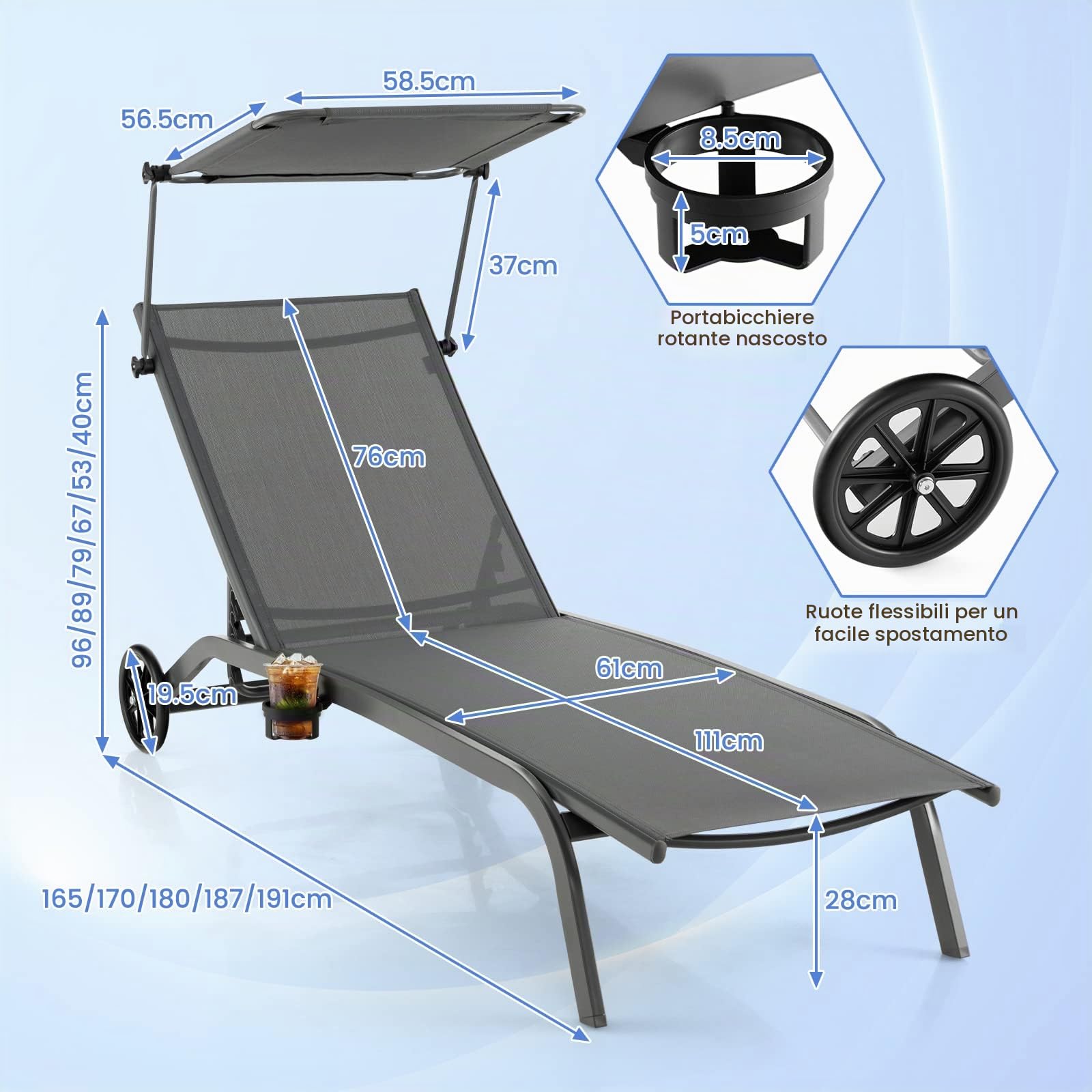 Giantex Lettino Pieghevole Prendisole, Sdraio Pieghevole con Schienale in 6 Posizioni, Chaise Longue Reclinabile con Ruote e Portabicchieri, Per Esterno, Giardino, Piscina e Spiaggia, Balcony