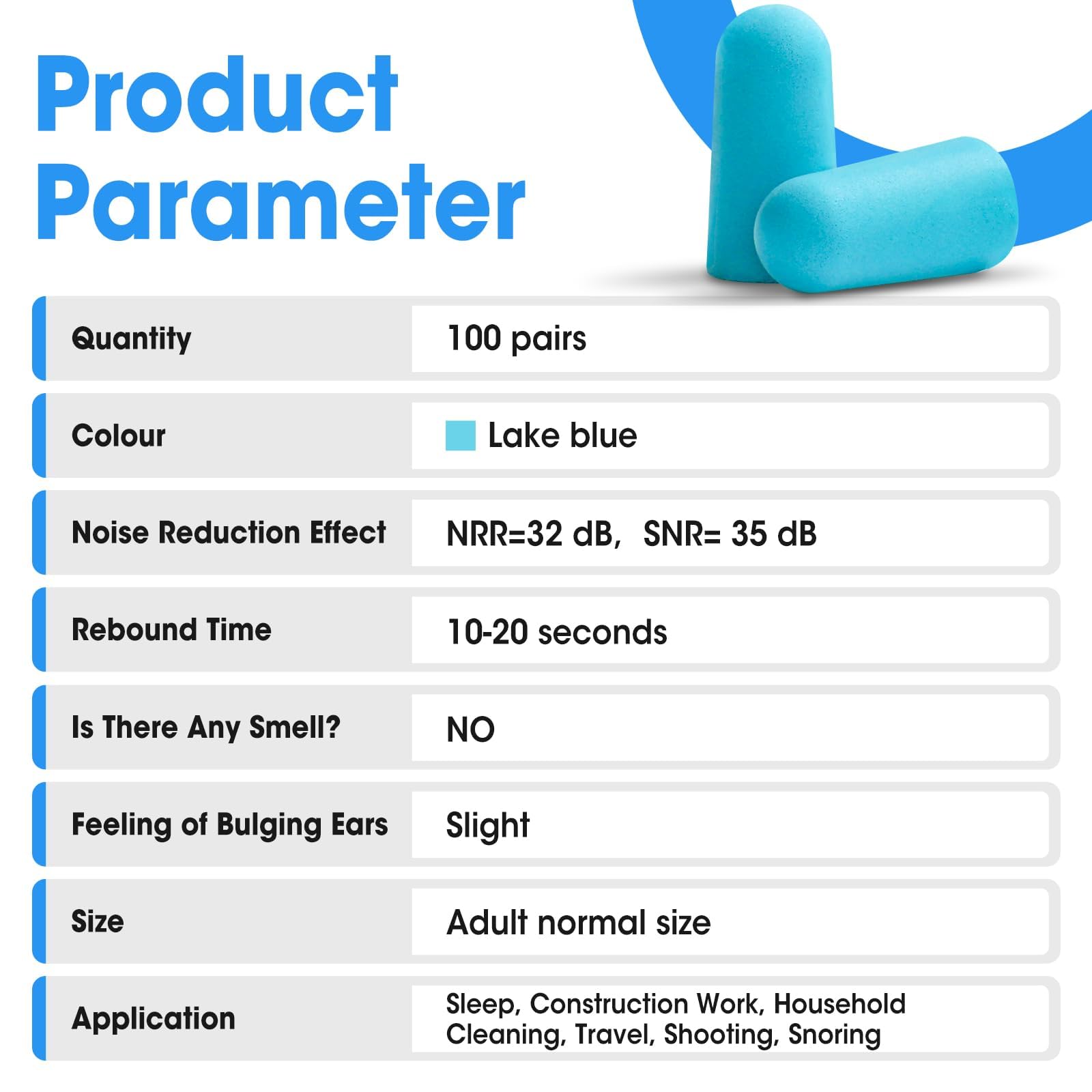 AZEN Lot de 100 paires de bouchons d'oreilles jetables en mousse souple pour dormir - 32 dB - Anti-bruit - Bleu lac