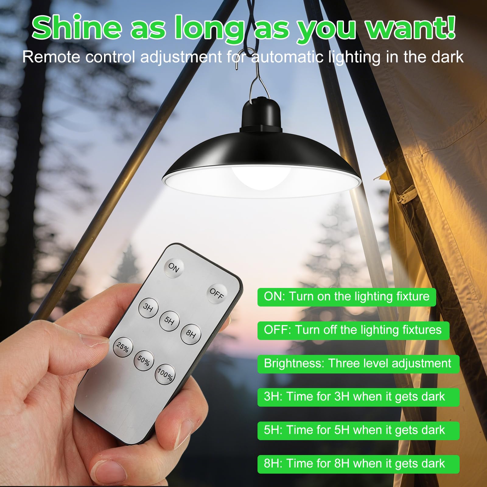 BYZESTY Solarlampen für Außen Hängend mit Fernbedienung - 50W LED Solar Hängelampen IP65 Wasserdichte, Solar Lampe Outdoor, Dimmbare/Zeitgesteuerte Solarlampen Pendelleuchte für Garten Pergola Garage