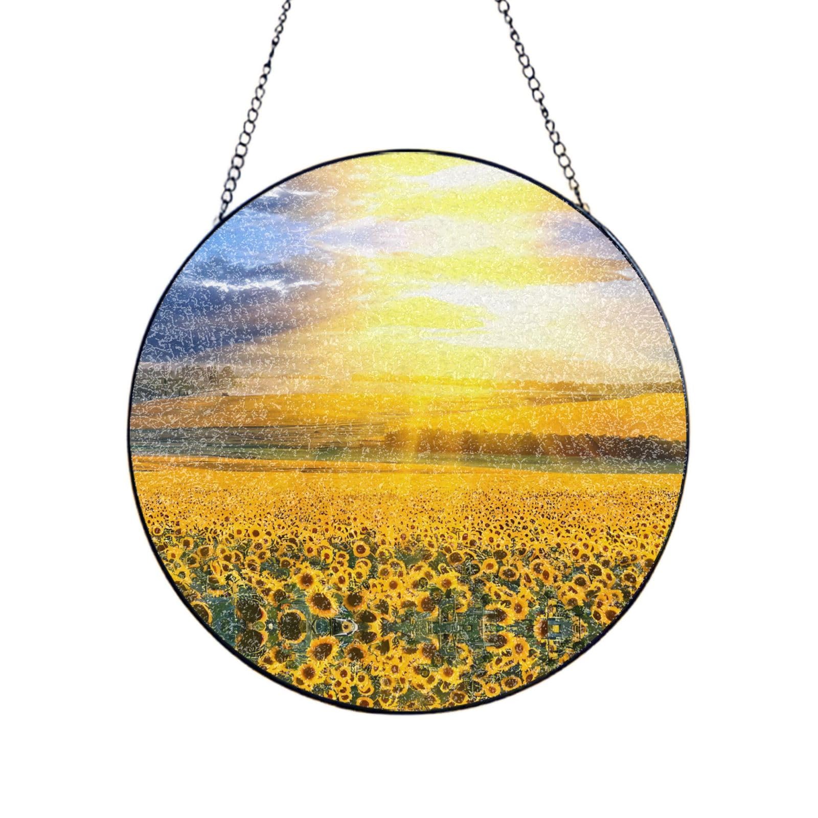 Phayah Golden Sunflower Print Glass Window Hanging Round Suncatcher Glass Ornament Garden Wall Fence Decorations Indoor Outdoor 12in（30cm）